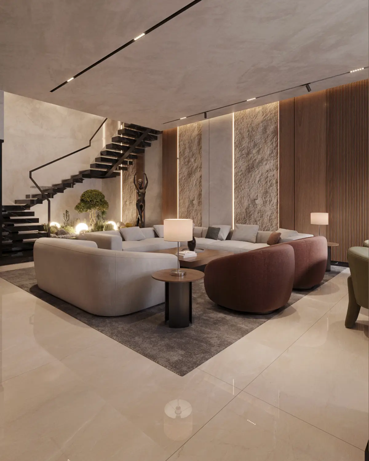Greystone Villa family room with staircase render. Curved white sofa with maroon armchairs against a stone-and-walnut feature wall, switchback floating staircase visible, residential interior, Lahore.