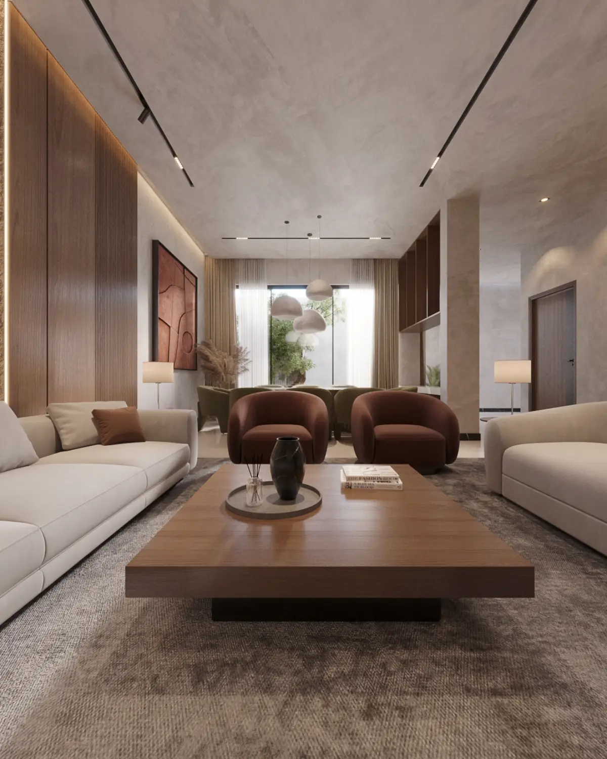 Greystone Villa family room render. Cream sectional sofas with brown swivel chairs flanking a walnut coffee table, view through to formal dining beyond, residential interior, Lahore.