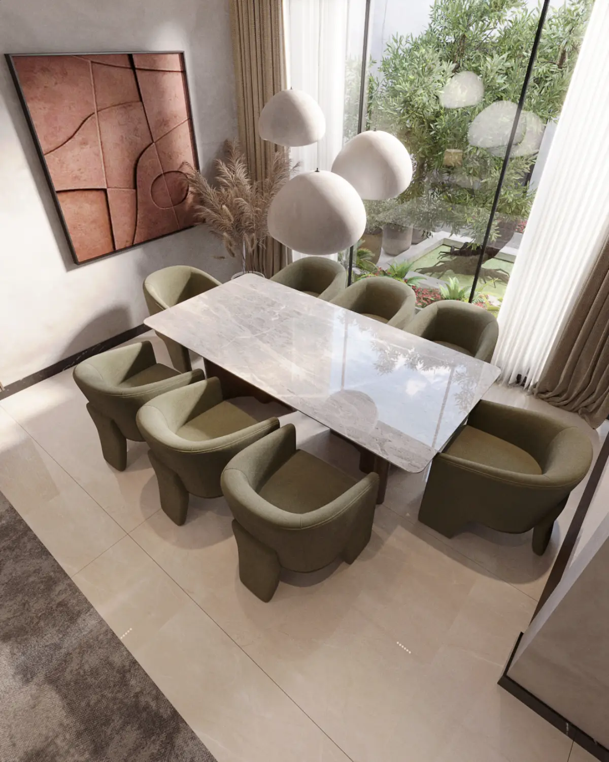 Greystone Villa formal dining room overhead render. Marble dining table with eight olive boucle chairs, pebble-shaped pendants, copper relief artwork, view to courtyard, residential interior, Lahore.