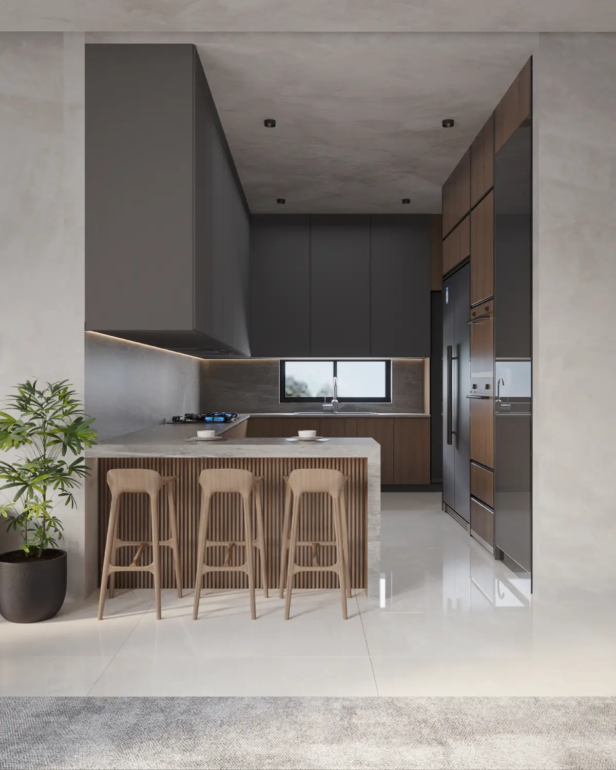 Greystone Villa kitchen render. Stone-topped breakfast bar with slatted walnut front and timber stools, dark grey cabinetry and tall walnut larder, residential interior, Lahore.