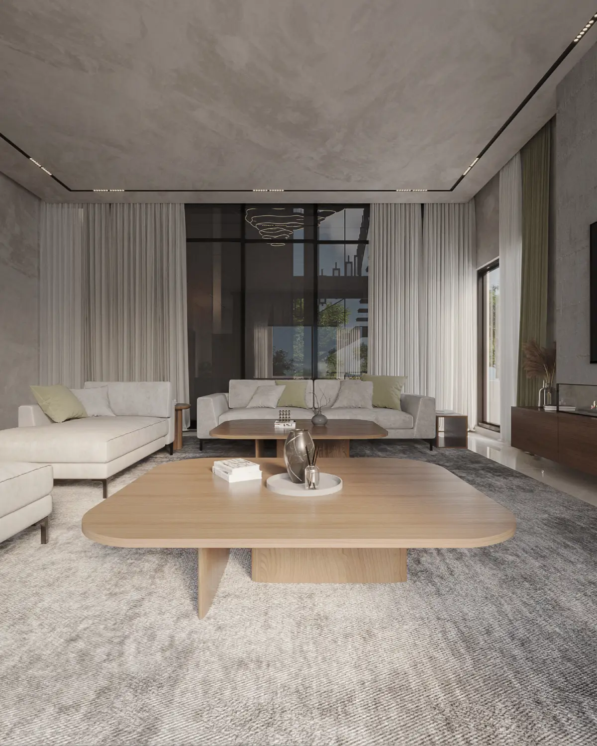 Greystone Villa living room with courtyard view render. Floor-to-ceiling glass facing the internal courtyard, organic walnut coffee table on grey rug, residential interior, Lahore.