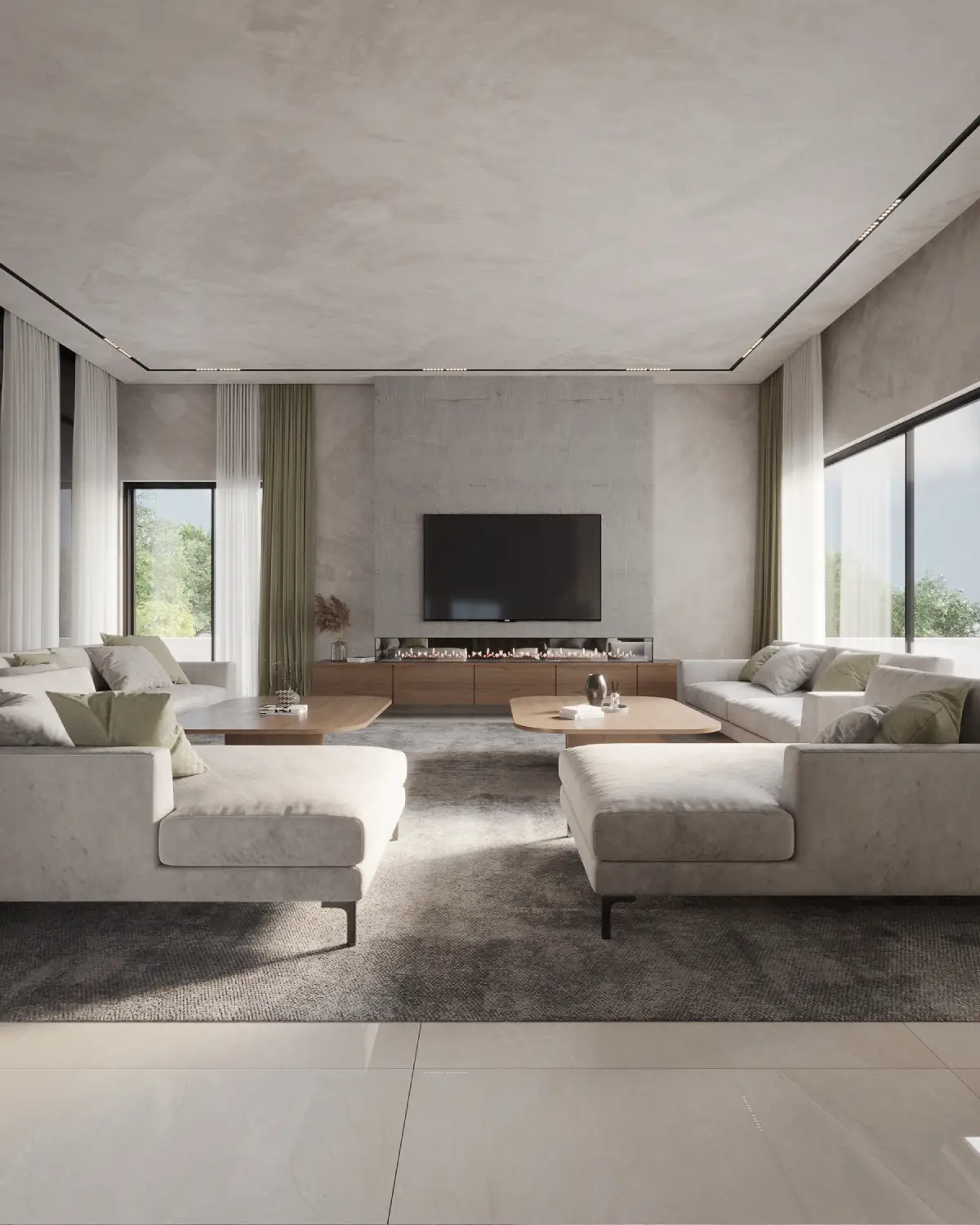 Greystone Villa living room render. Dual cream chaise sofas facing the TV and bio-fire fireplace, walnut credenza, sage curtains, residential interior, Lahore.