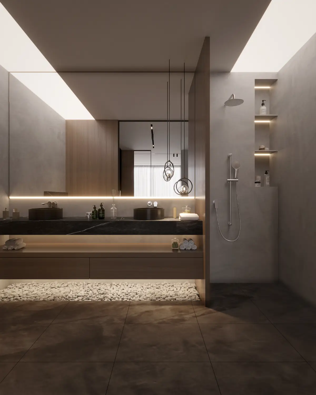 Greystone Villa master bathroom render. Twin black-stone vessel sinks on dark vanity, rainshower with niche shelving, full-height mirror with linear lighting, residential interior, Lahore.