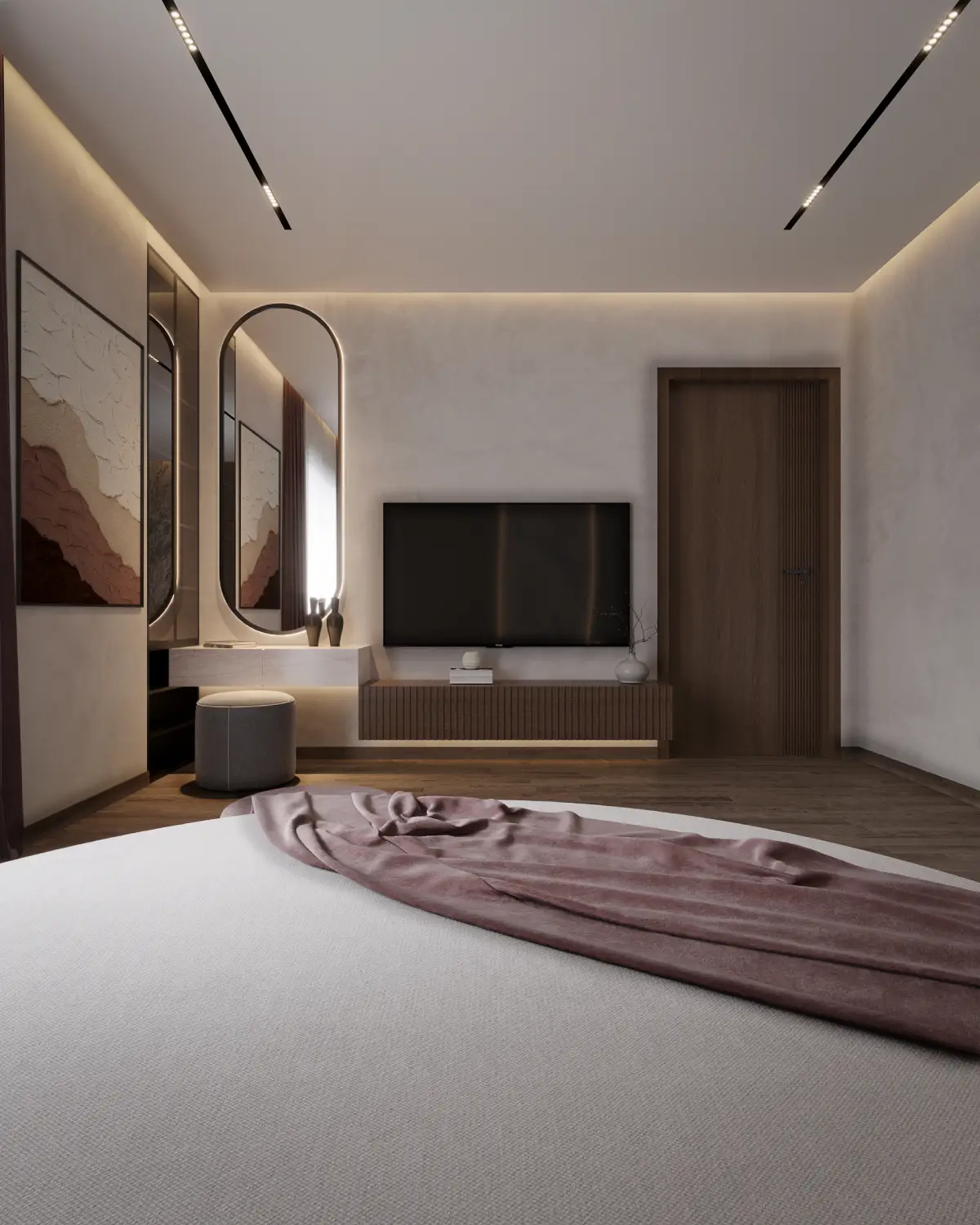 Greystone Villa master bedroom dressing area render. Arched backlit mirror, dressing table with velvet ottoman, walnut TV credenza opposite, residential interior, Lahore.