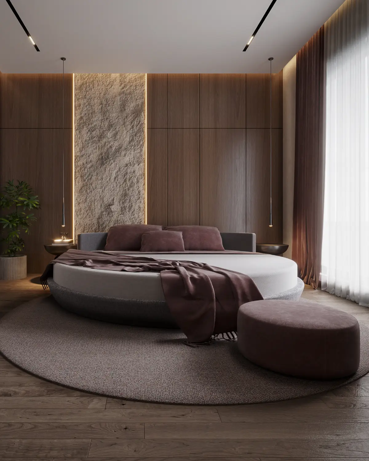 Greystone Villa master bedroom render. Circular bed with rough-textured stone headboard panel framed by walnut joinery and slim pendants, residential interior, Lahore.