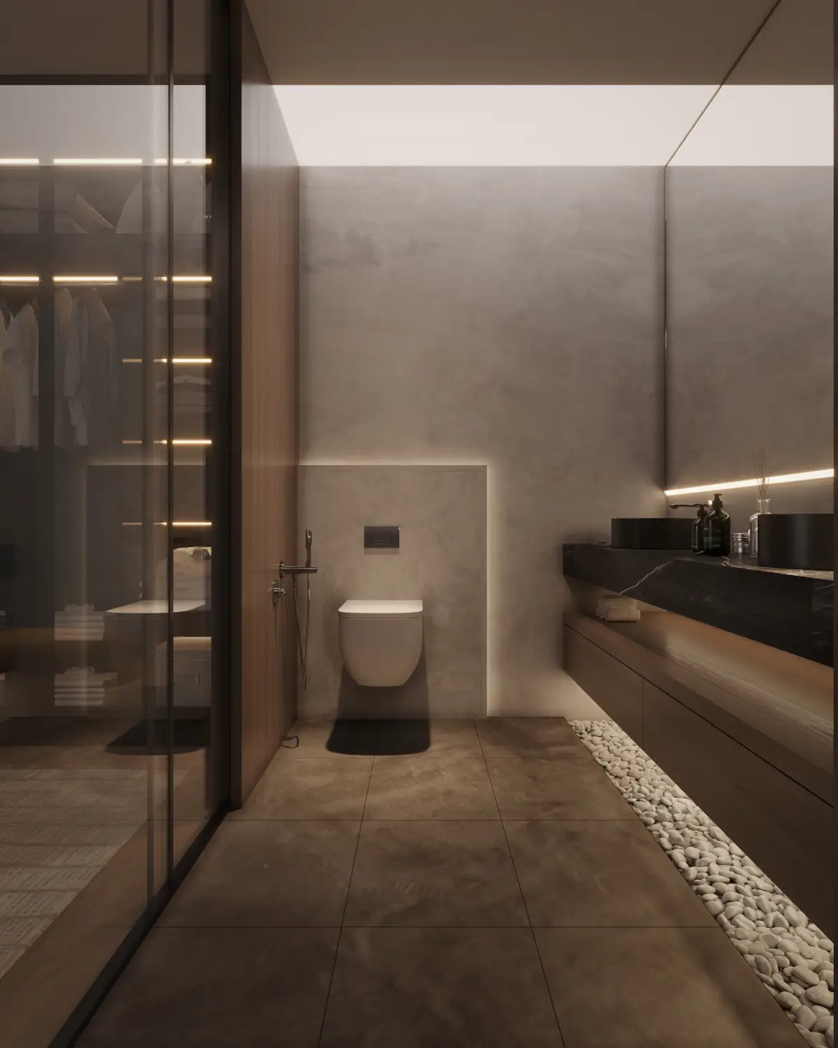 Greystone Villa powder room render. Wall-hung WC, dark stone vanity with vessel sink, pebble strip floor detail, glass partition to dressing area, residential interior, Lahore.