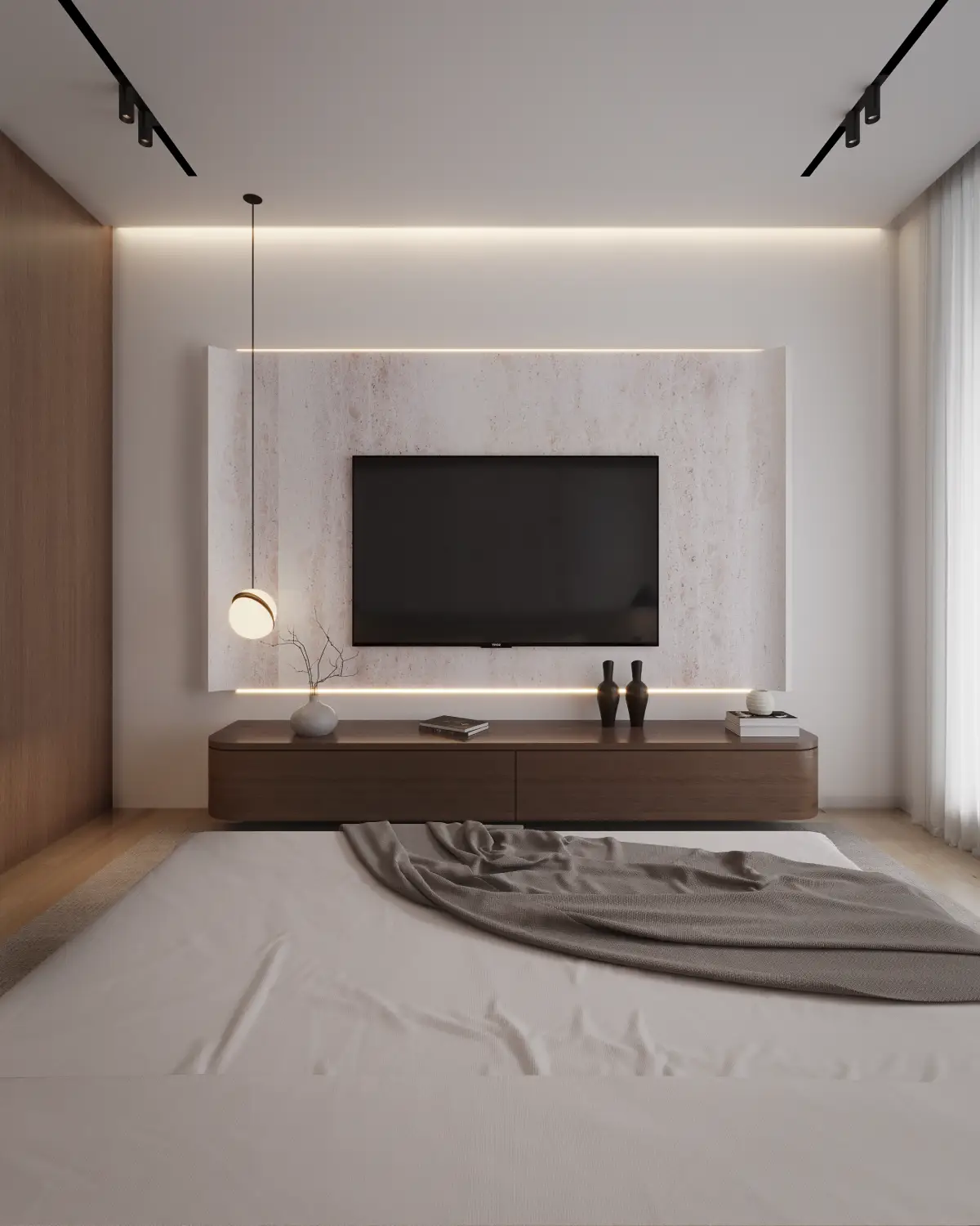 Greystone Villa second bedroom TV wall render. Curved travertine TV panel with backlit recess and walnut floating console below, residential interior, Lahore.