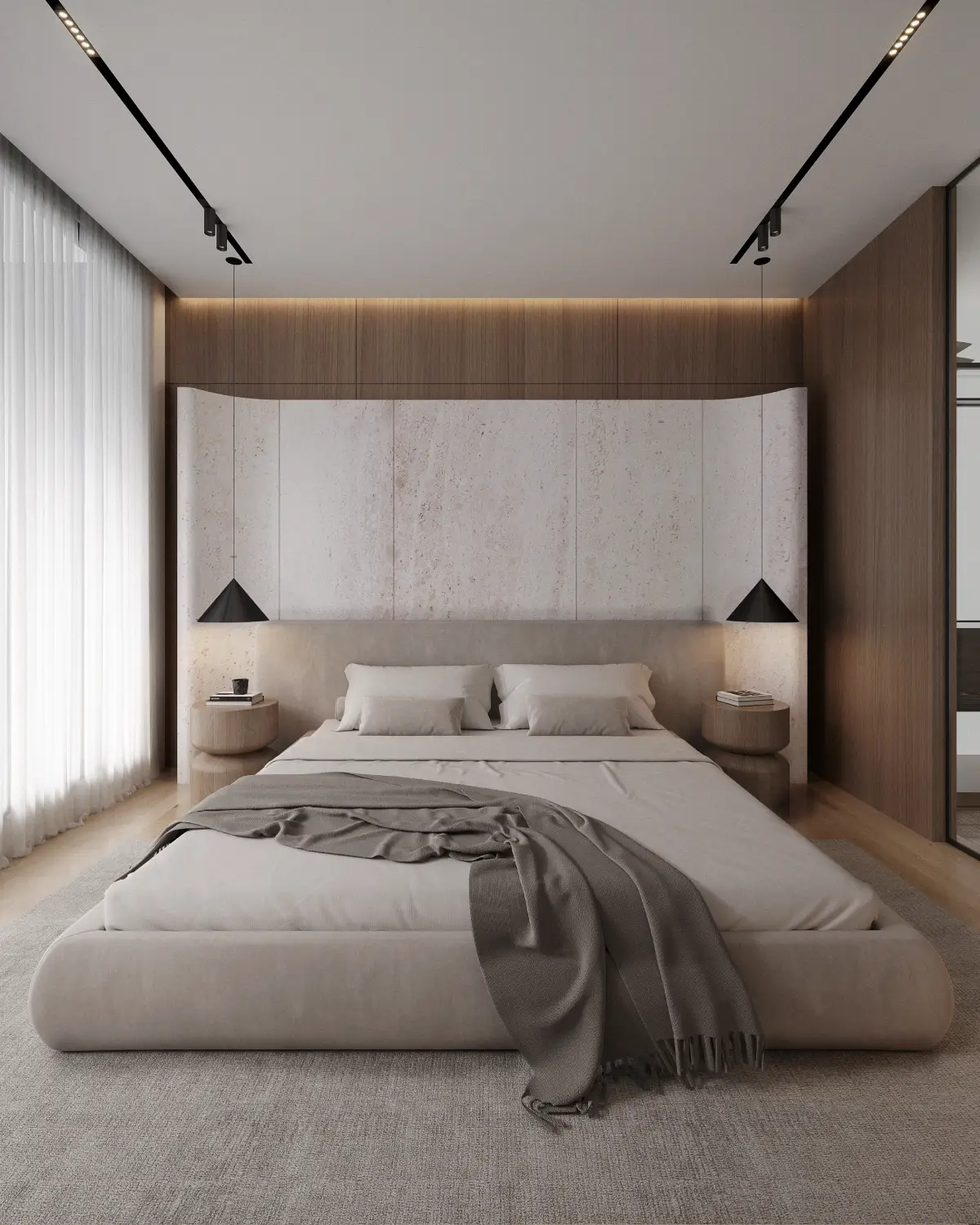 Greystone Villa second bedroom render. Upholstered bed with travertine and walnut headboard panel, twin black conical pendants, residential interior, Lahore.