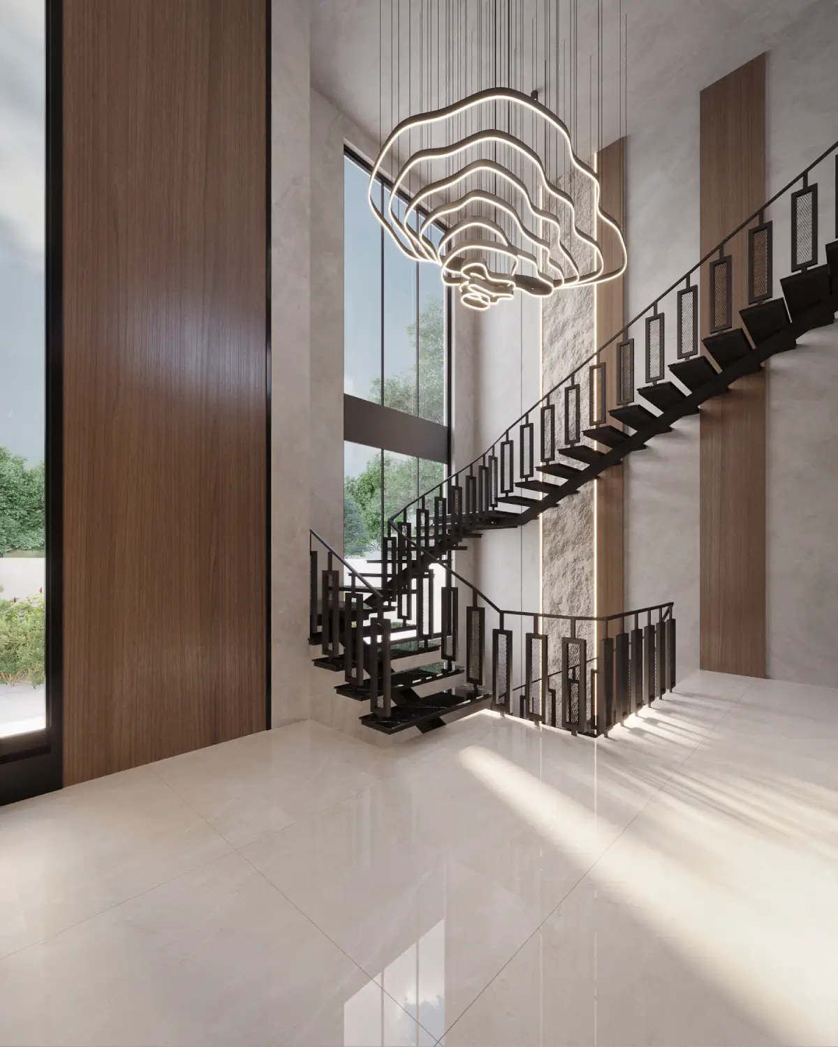 Greystone Villa stairwell alternate angle render. Ribbon pendant chandelier and switchback floating staircase against textured stone wall, residential interior, Lahore.