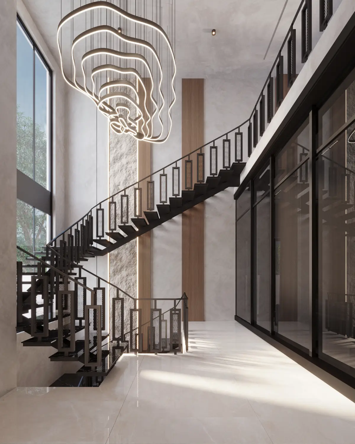 Greystone Villa stairwell render. Sculptural ribbon pendant chandelier above a switchback metal staircase with stone feature wall, double-height void, residential interior, Lahore.