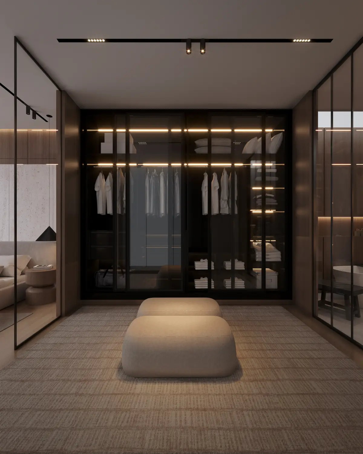 Greystone Villa walk-in closet render. Glass-front wardrobes with backlit interior shelving, central upholstered ottoman bench, residential interior, Lahore.