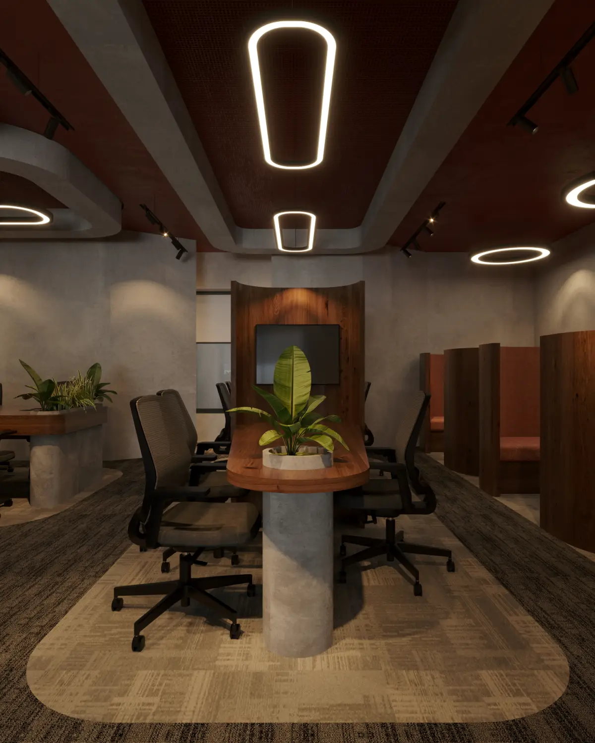 HybridDot Creative Agency conference room render. Walnut conference table with concrete pedestal base, mesh task chairs, planted centerpiece, teardrop linear pendant overhead, commercial fitout, Lahore.