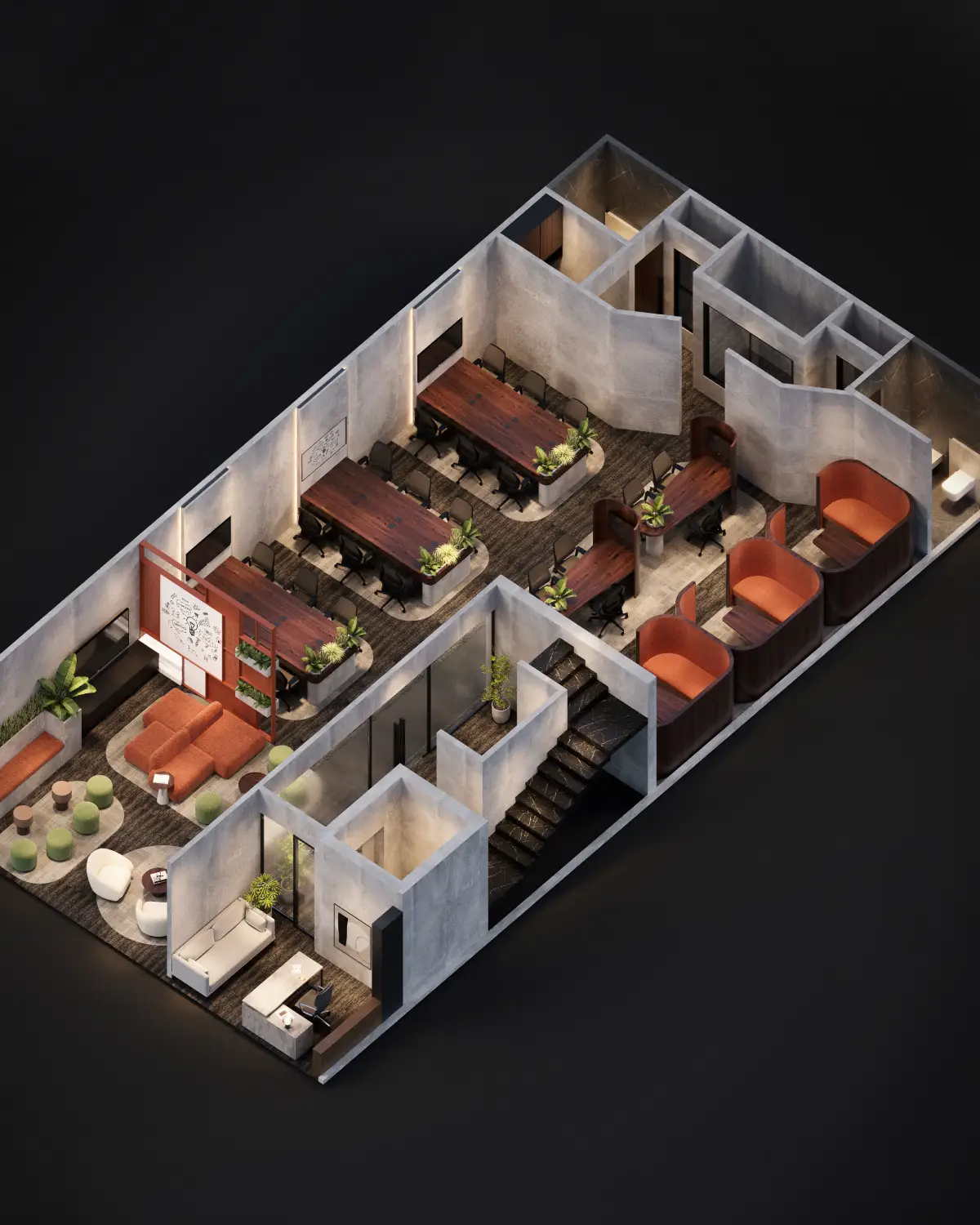 HybridDot Creative Agency aerial floor plan render. Top-down isometric showing the full office layout including lounge, conference room, workstation pods, phone booths, private office, and central staircase, commercial fitout, Lahore.