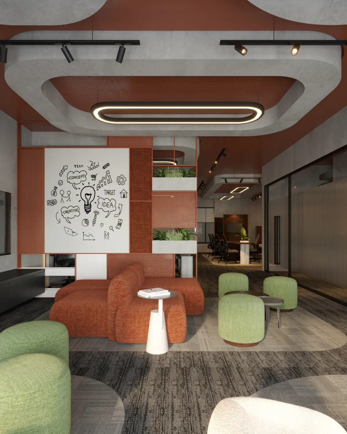 HybridDot Creative Agency lounge with doodle artwork render. Terracotta sofa, sage green poufs, framed creative-process doodle illustration on terracotta accent wall, view through to workspaces, commercial fitout, Lahore.