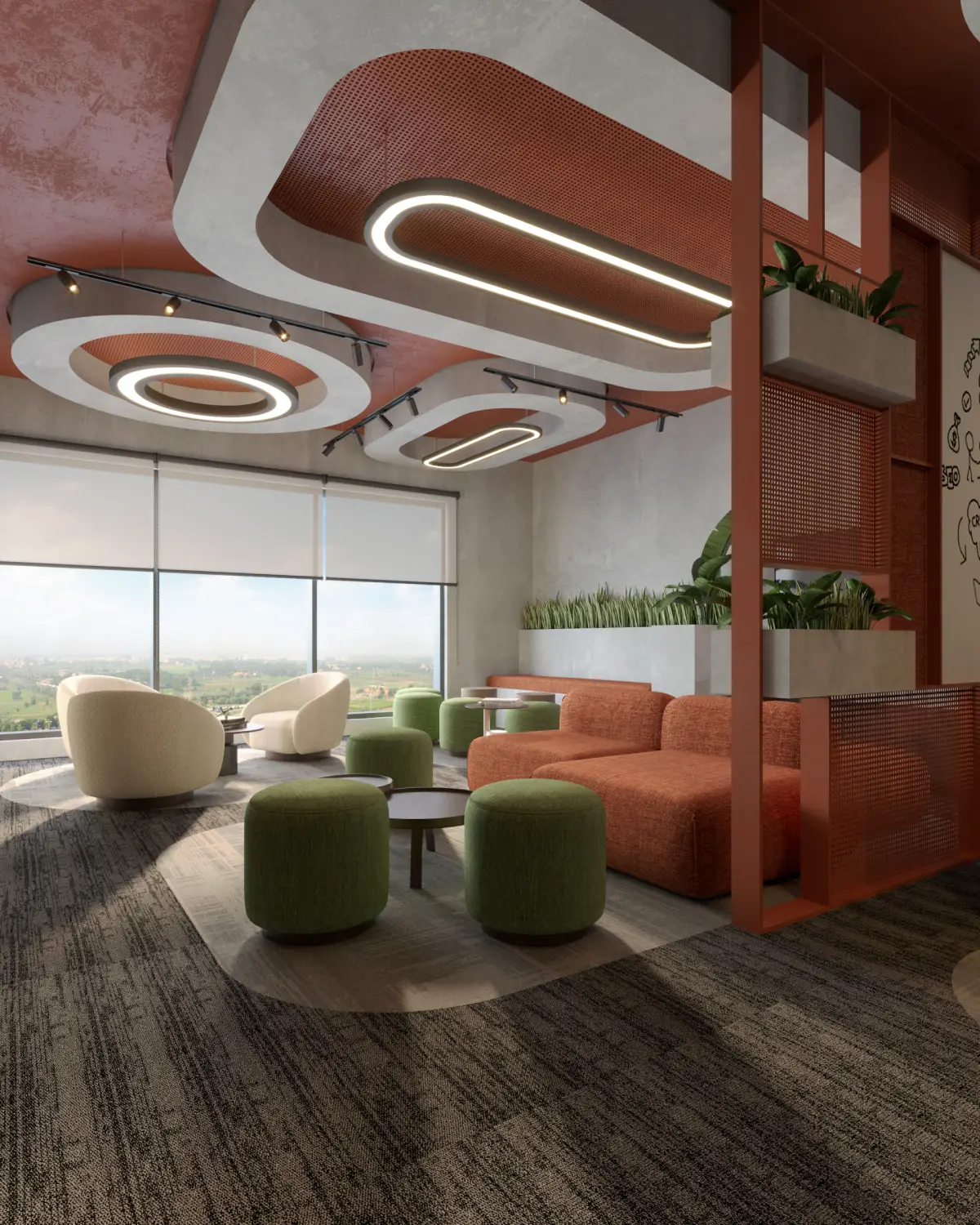 HybridDot Creative Agency lounge with window view render. Terracotta sofa and round sage green poufs by full-height windows overlooking landscape, teardrop ring pendants overhead, commercial fitout, Lahore.