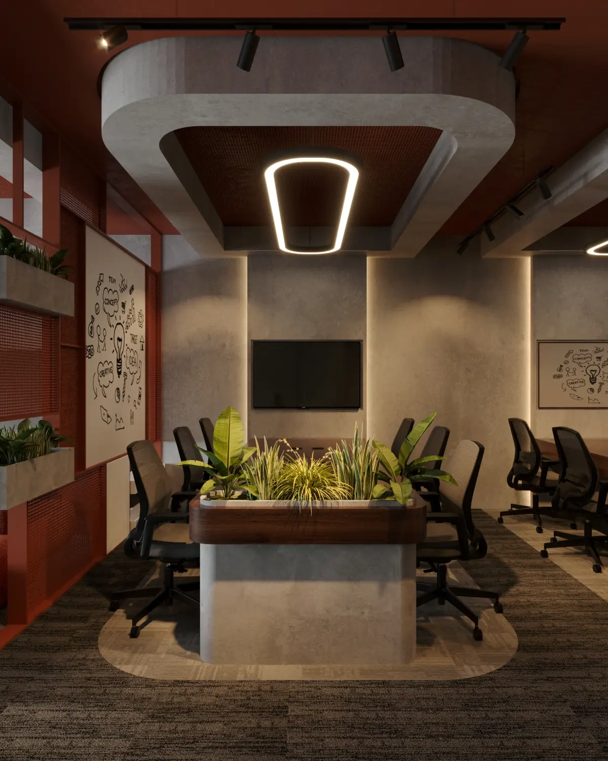 HybridDot Creative Agency meeting room render. Mesh task chairs around a planted centerpiece table, framed creative-process doodle on a perforated terracotta wall, ring pendant overhead, commercial fitout, Lahore.