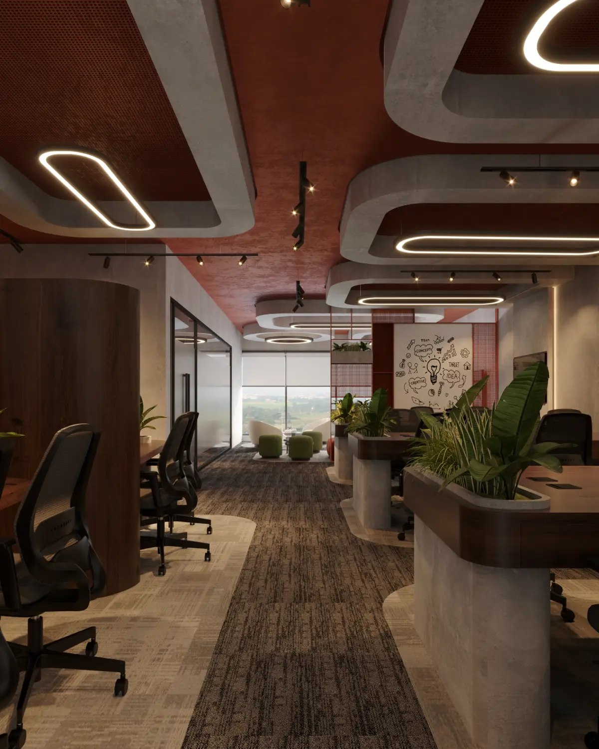 HybridDot Creative Agency open workspace render. Walnut workstations on concrete pedestals with planted dividers, teardrop ceiling fixtures, view through to the lounge and creative doodle wall, commercial fitout, Lahore.