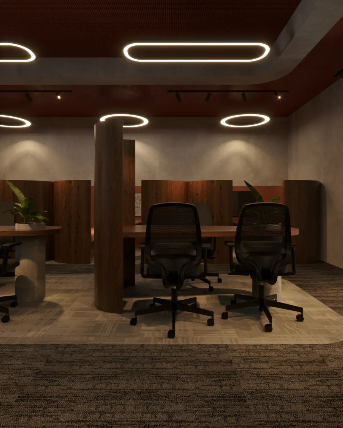 HybridDot Creative Agency phone booths render. Curved walnut single-person work pods with mesh chairs, ring ceiling fixtures, central wood column, commercial fitout, Lahore.