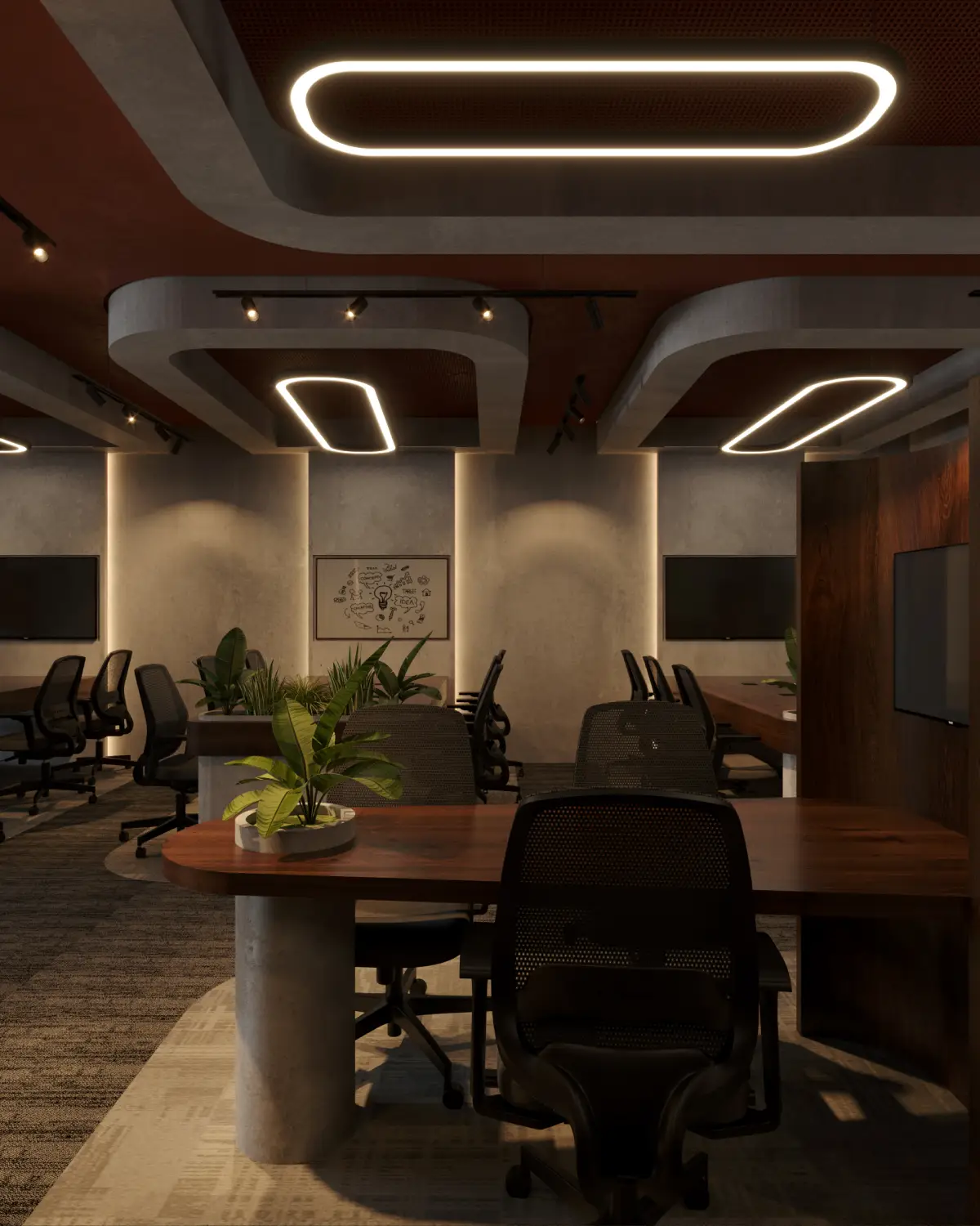 HybridDot Creative Agency workstation cluster render. Banks of mesh chairs at walnut tables on concrete pedestals, oval ring pendants overhead, framed doodle artwork on rear wall, commercial fitout, Lahore.