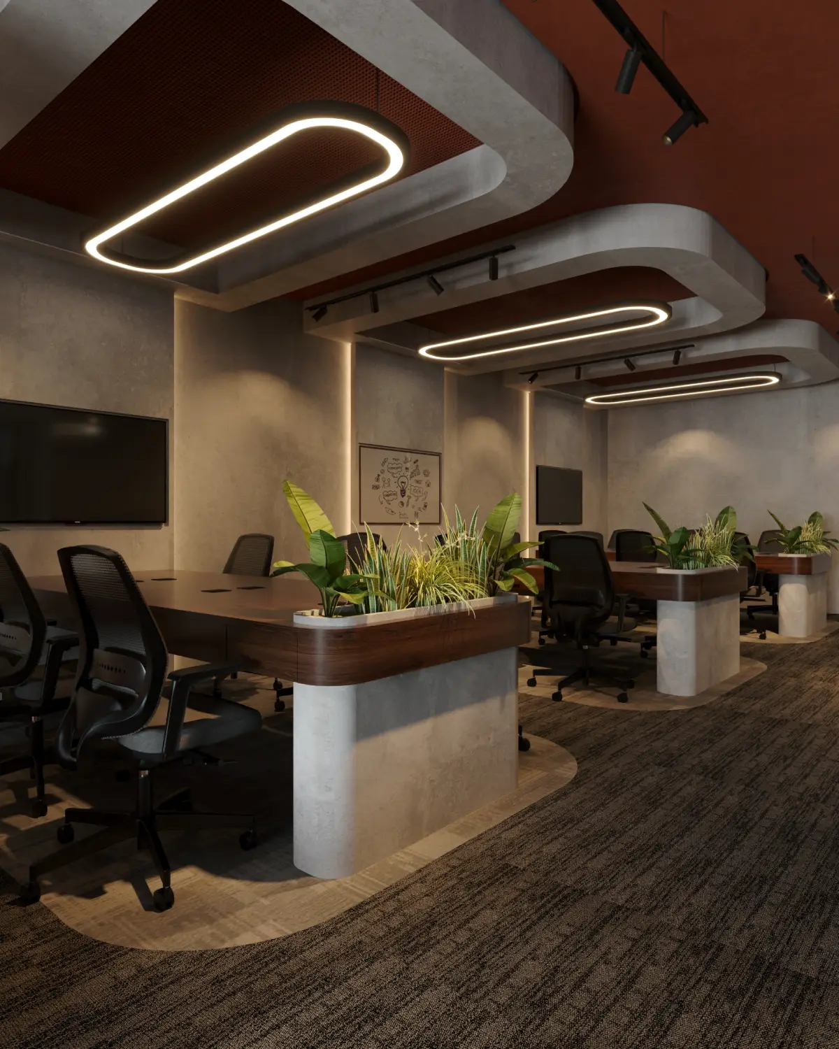 HybridDot Creative Agency workstation pods render. Walnut tables on concrete pedestals with planted dividers, ring pendant lighting, commercial fitout, Lahore.