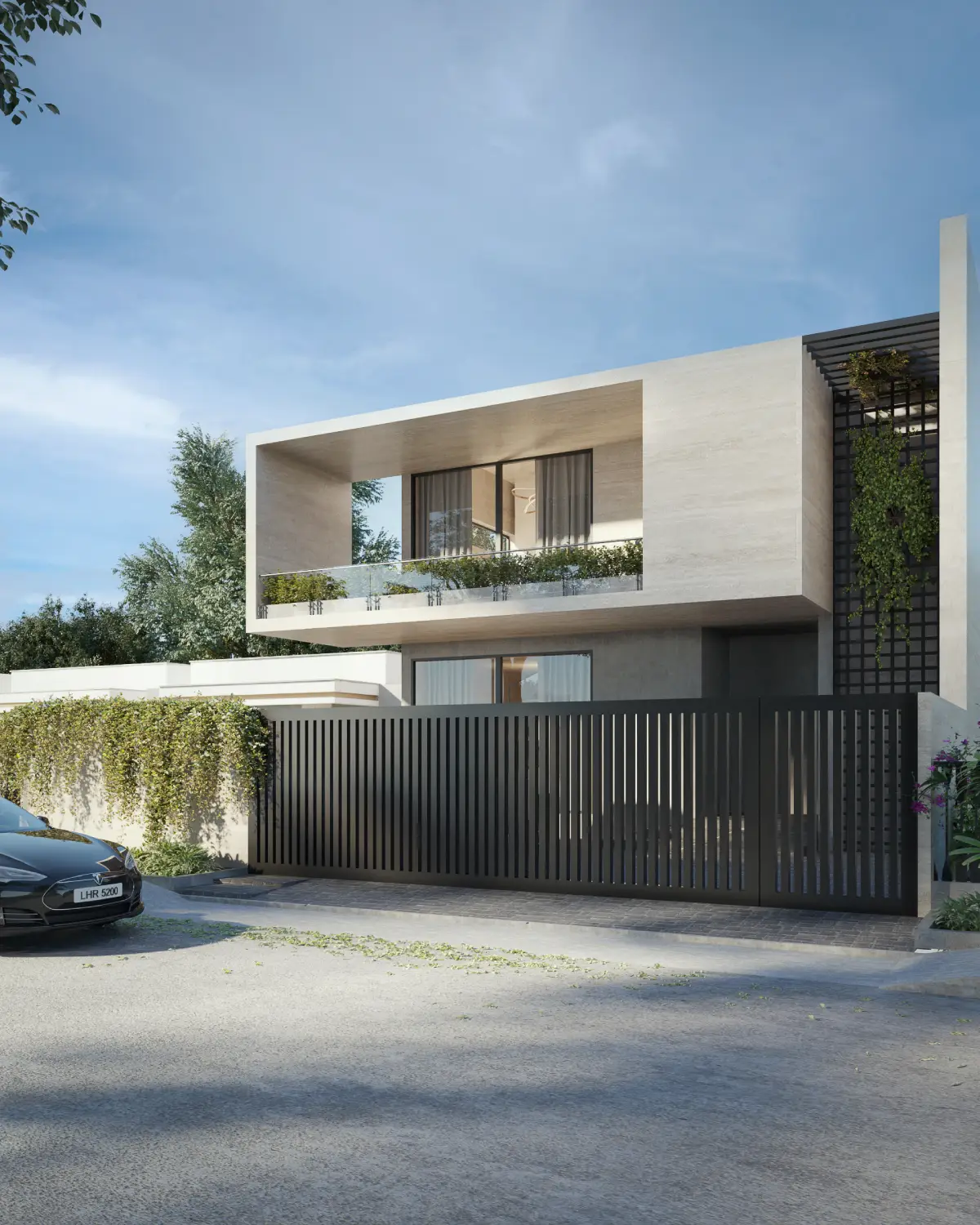 The Grid House front elevation in daylight render. Travertine façade with floating box volumes, vertical slat gate, contemporary residential, Lahore.