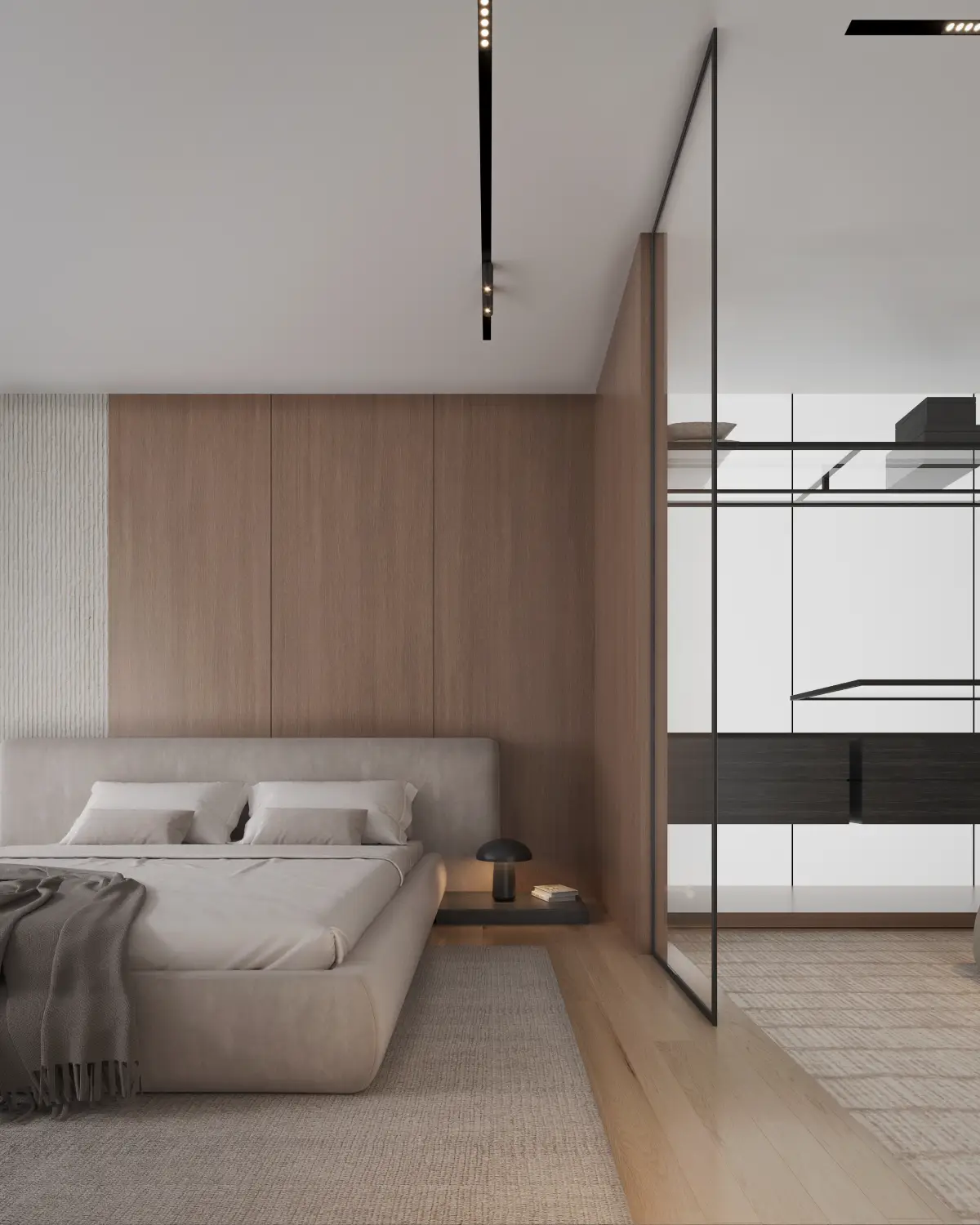 The Grid House bedroom with walk-in view render. Walnut paneled wall behind grey bed, glass partition revealing the dressing area, single mushroom lamp on dark shelf, residential interior, Lahore.