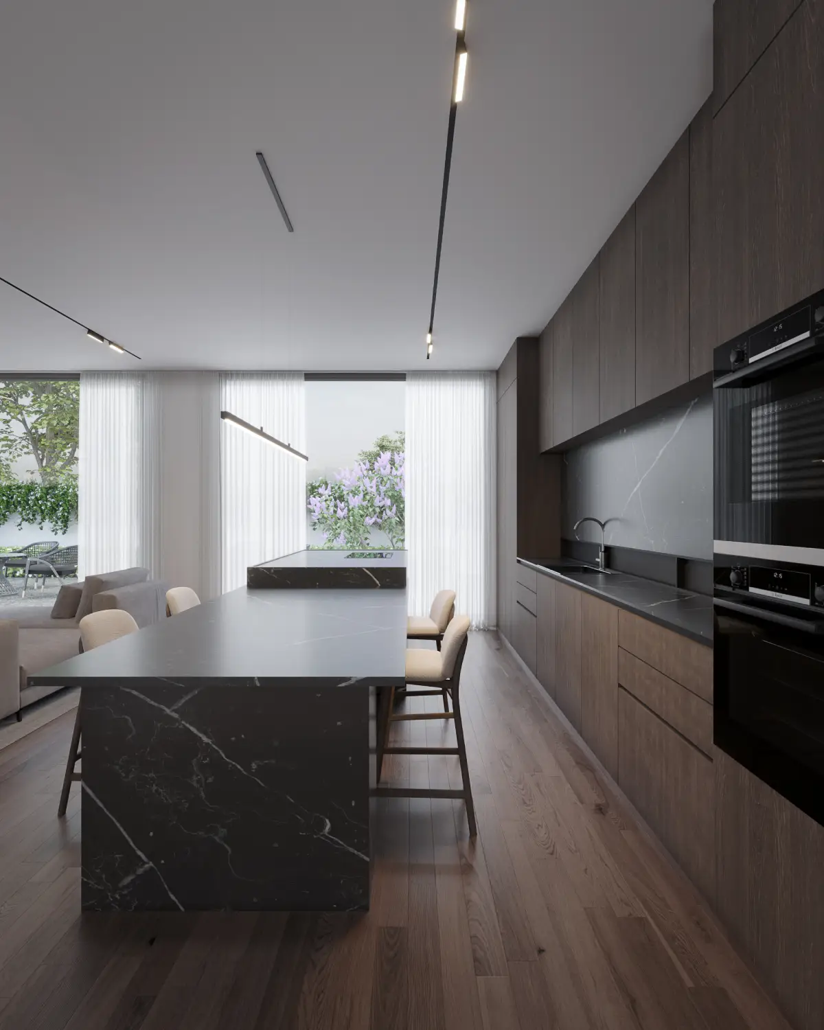 The Grid House kitchen render. Black Pietra marble waterfall island with cream upholstered stools, dark walnut full-height cabinetry and floor, garden view, residential interior, Lahore.