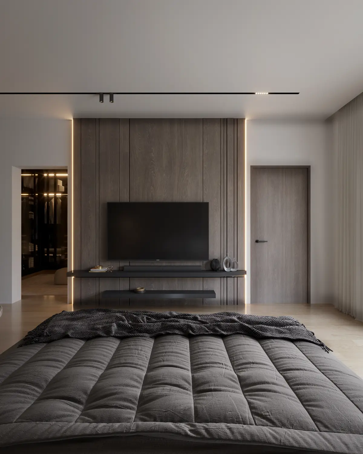 The Grid House master bedroom TV wall render. Fluted walnut paneled wall with hidden TV, narrow LED accent strips, channel-tufted bedding seen from foot, residential interior, Lahore.