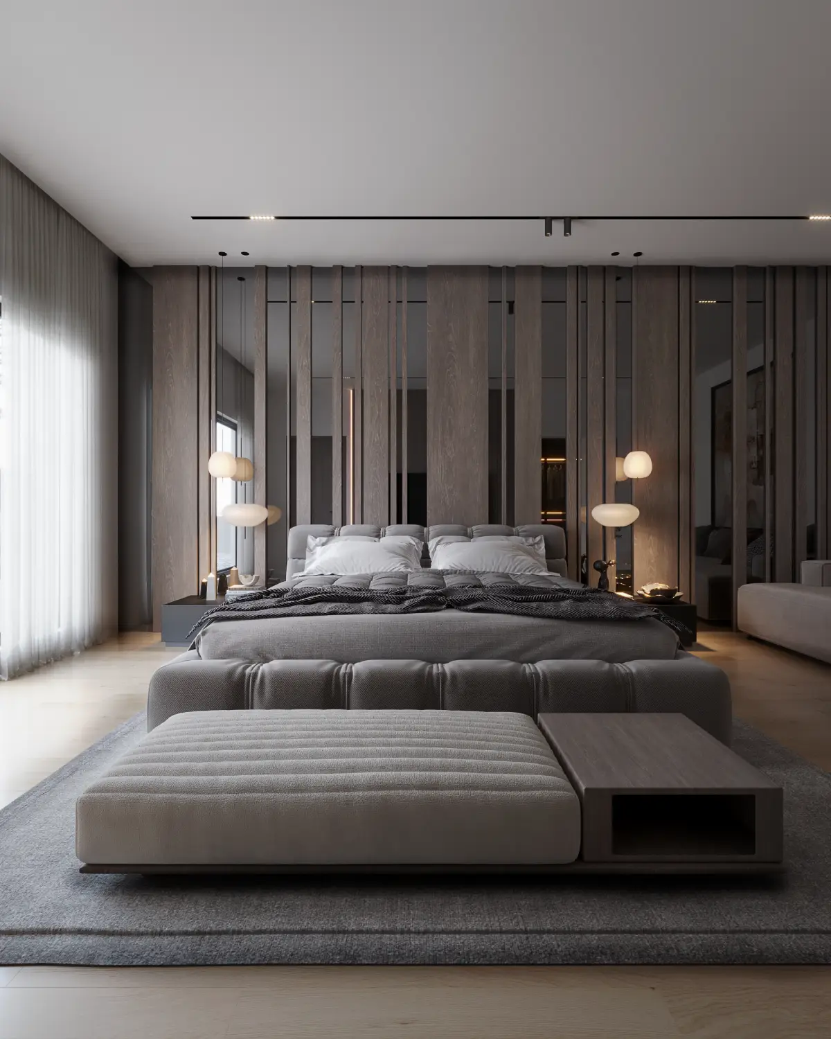 The Grid House master bedroom render. Channel-tufted grey upholstered bed against fluted walnut paneled feature wall, twin ovoid milk-glass pendants flanking, residential interior, Lahore.