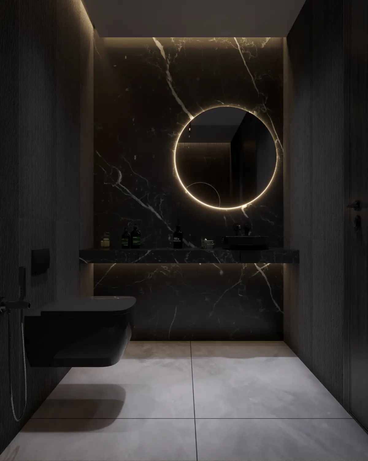 The Grid House powder room render. Black marble feature wall with circular backlit mirror, black wall-hung toilet, dramatic dark noir palette, residential interior, Lahore.