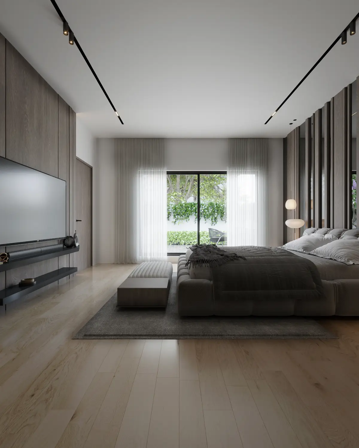 The Grid House second bedroom render. Platform bed with walnut TV wall, full-height window framing the garden, twin ovoid pendants, banquette bench at the foot, residential interior, Lahore.