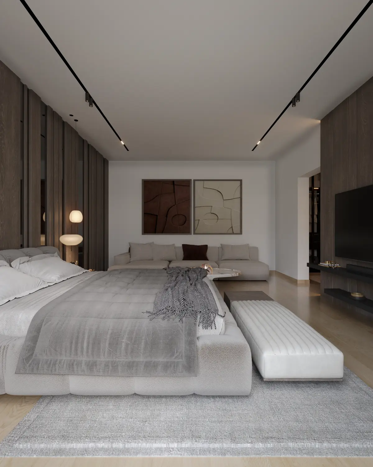 The Grid House third bedroom render. Grey channel-tufted bed, twin abstract artworks above a beige sofa, white tufted bench, light timber fluted wall, residential interior, Lahore.
