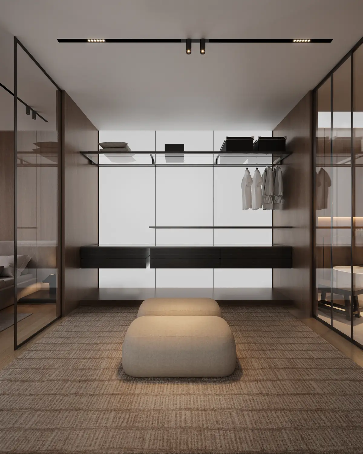 The Grid House walk-in closet render. Glass-front cabinetry with floating shelves, central upholstered double ottoman, woven rug, residential interior, Lahore.