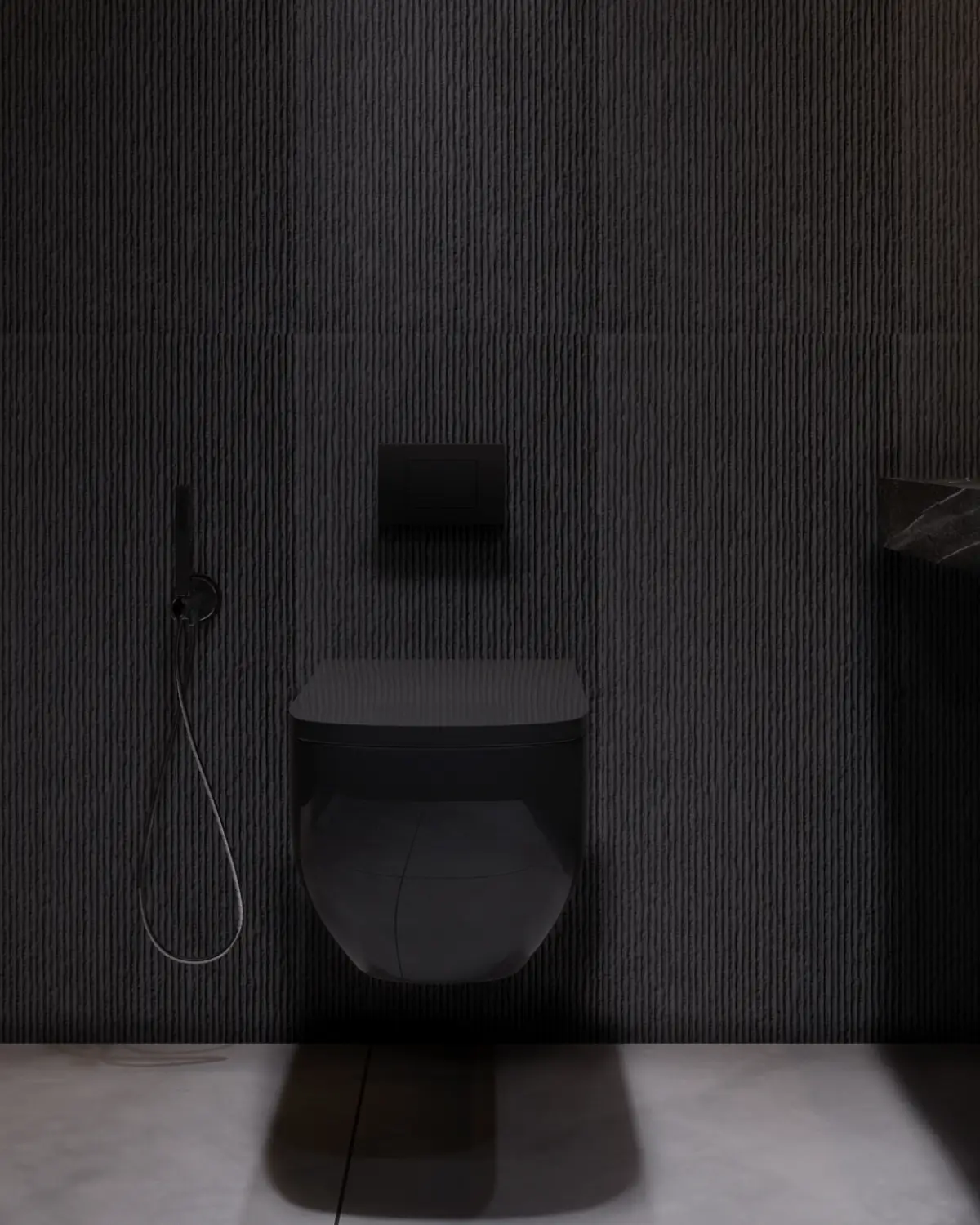 The Grid House WC detail render. Fluted dark wall, wall-hung black toilet, minimalist matte black hardware, residential interior, Lahore.