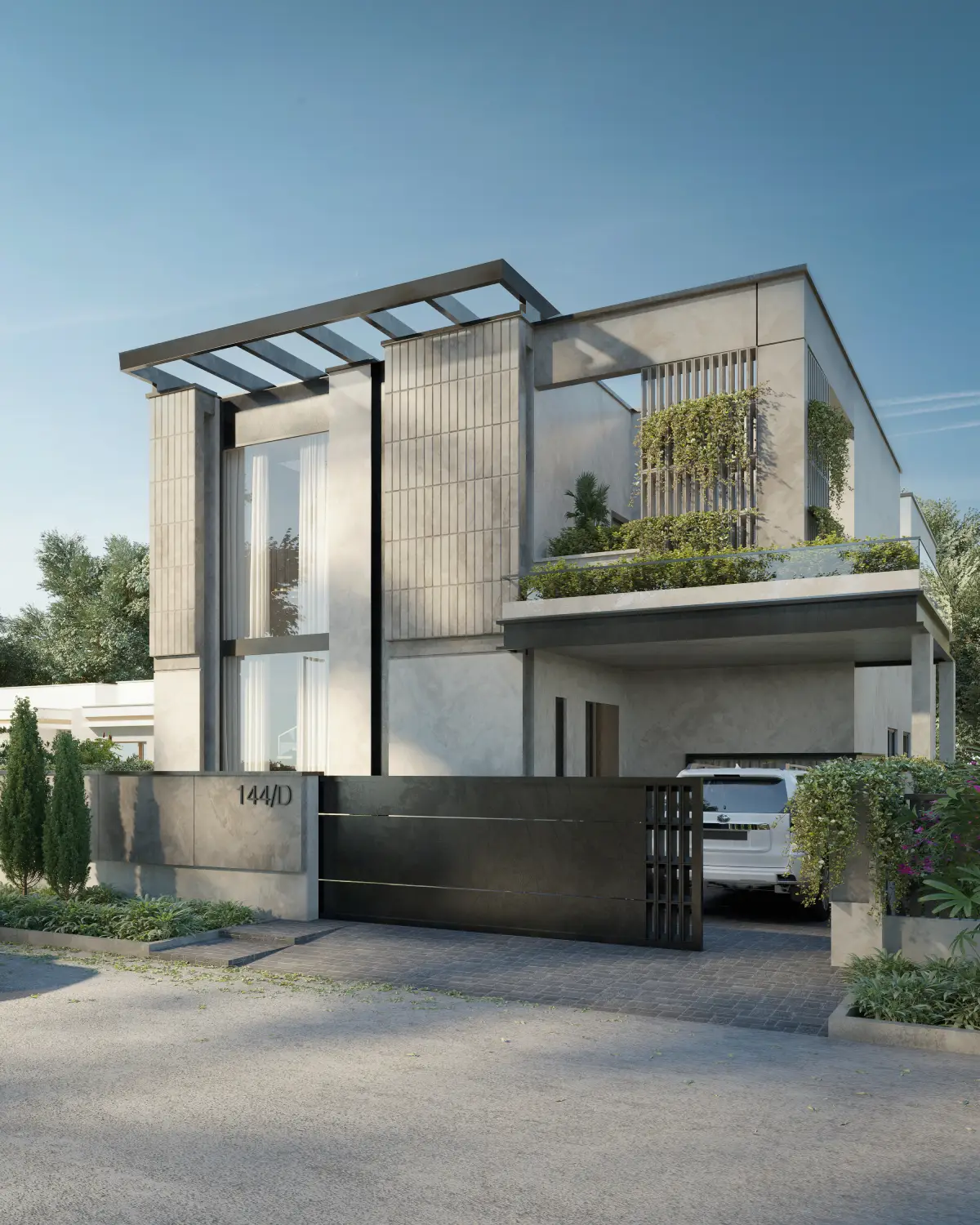 The Slat House front elevation detail render. Tighter three-quarter crop of the slat screen and entry, contemporary residence, DHA Phase 5, Lahore.