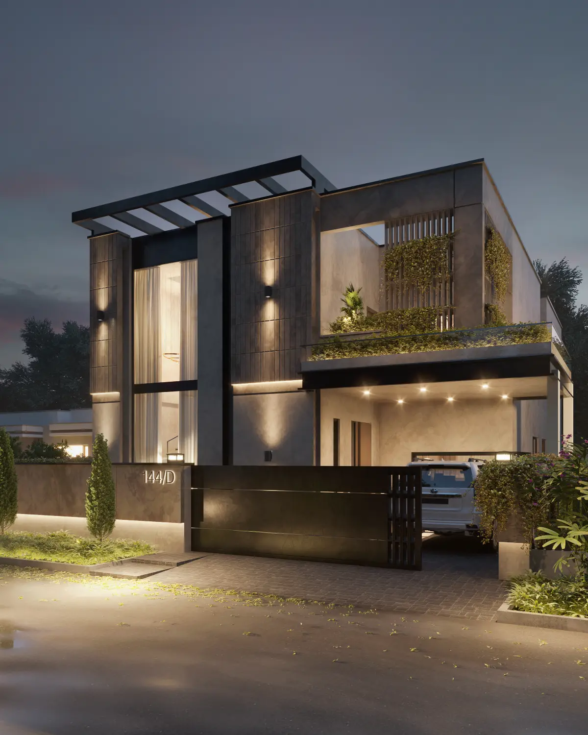 The Slat House front elevation at dusk render. Vertical timber slats illuminated from within, address plaque 144/D, contemporary residence in DHA Phase 5, Lahore.