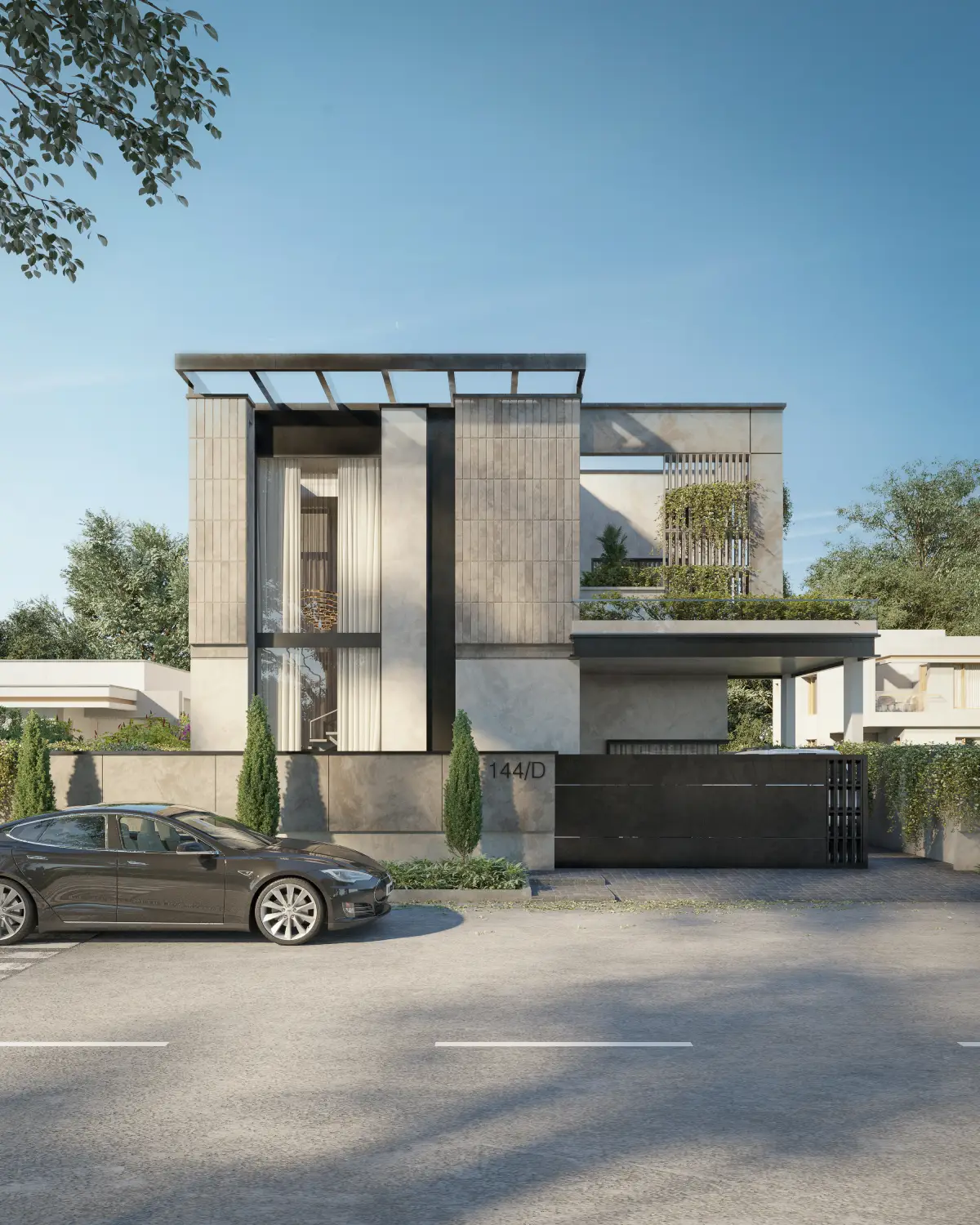 The Slat House front elevation render. Three-quarter view of the upper-storey vertical timber slat screen and dark accents, contemporary residence in DHA Phase 5, Lahore.