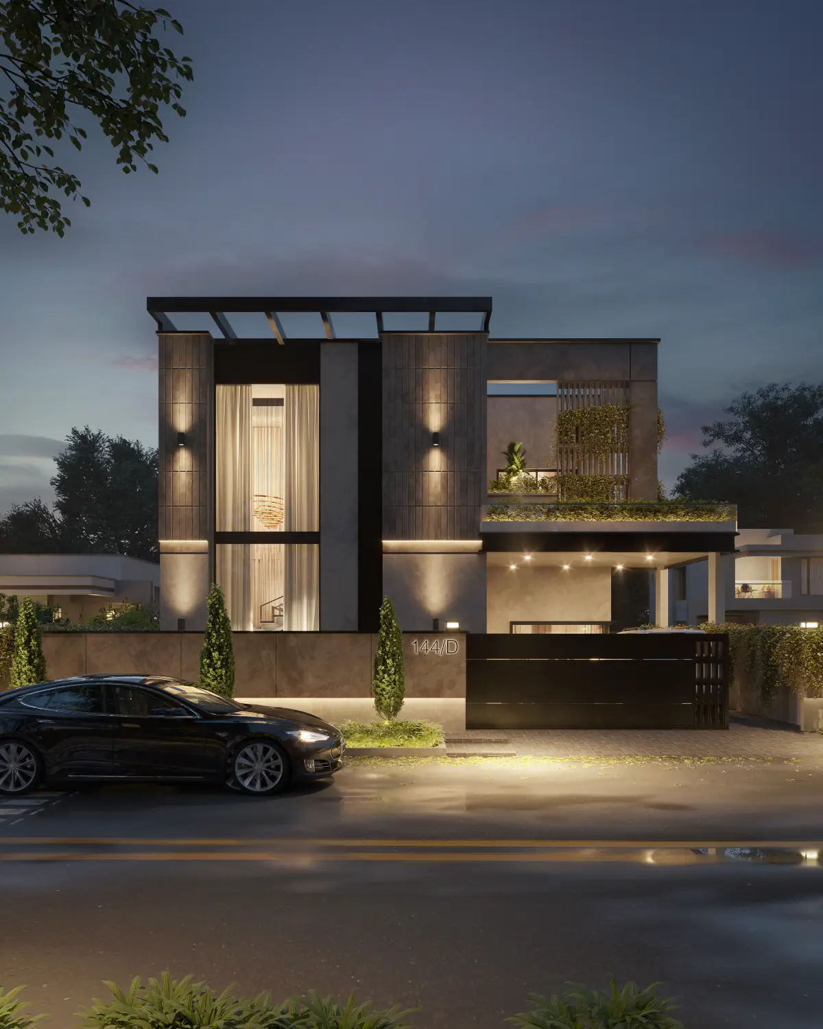 The Slat House street view at dusk render. Symmetrical front composition with full vertical slat screen and porte-cochère, DHA Phase 5, Lahore.