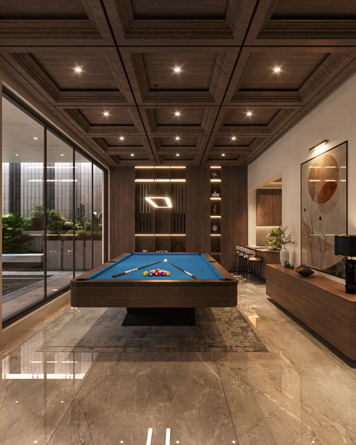 The Slat House billiards room alternate angle render. Coffered ceiling with feature linear ceiling fixture, dark walnut feature wall with backlit shelving, kitchenette beyond, DHA Phase 5, Lahore.