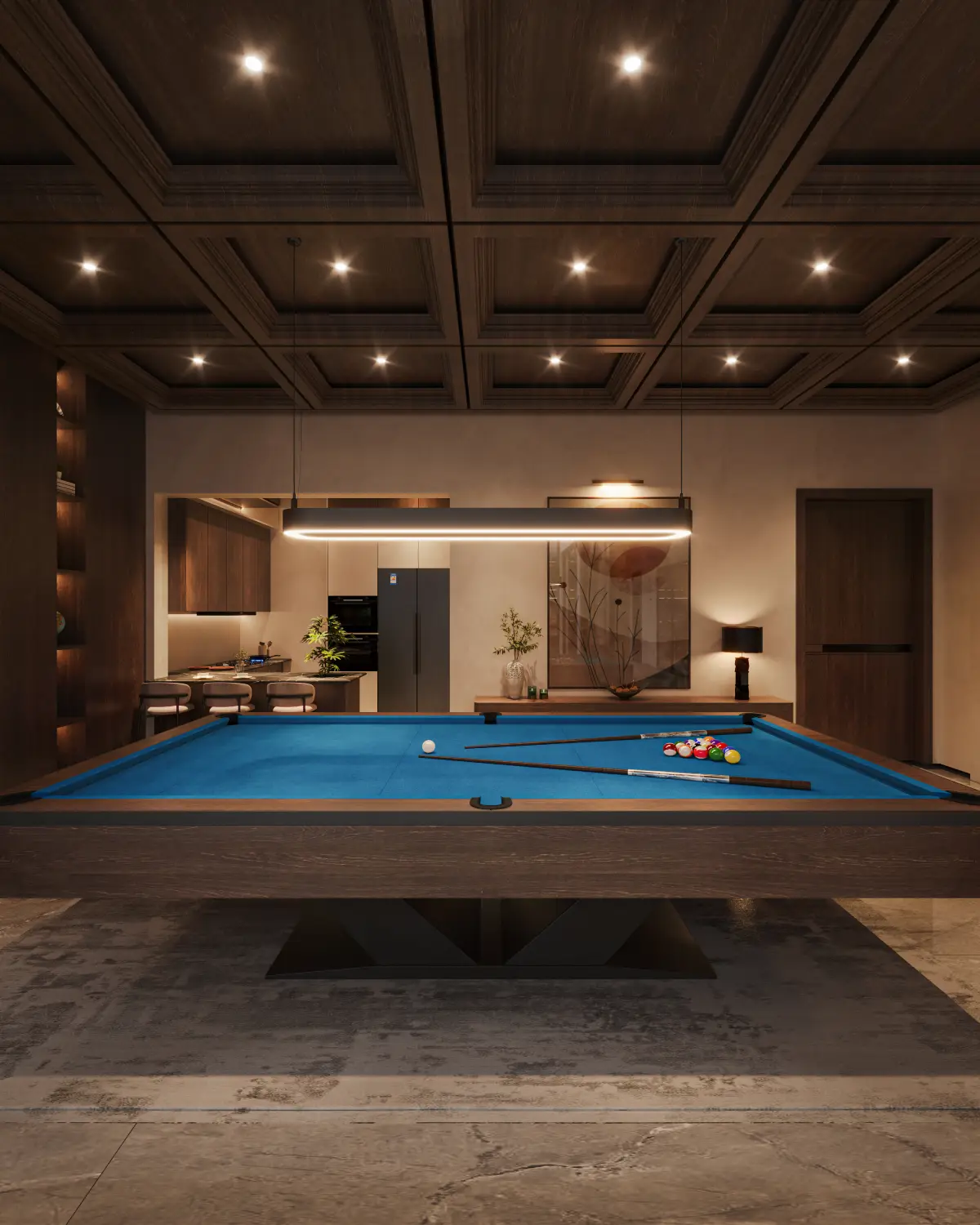 The Slat House billiards room with kitchenette render. Pool table foreground, integrated kitchenette and bar seating in the background, dark walnut palette, DHA Phase 5, Lahore.