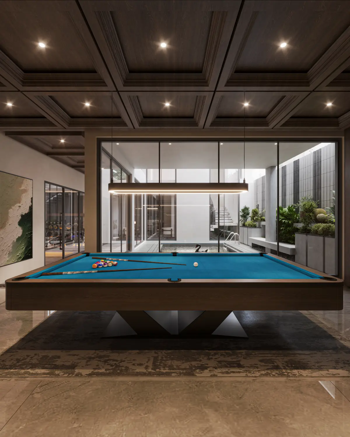 The Slat House billiards room render. Blue felt pool table on a sculptural metal base under a dark walnut coffered ceiling, full-height glass to the pool atrium beyond, DHA Phase 5, Lahore.