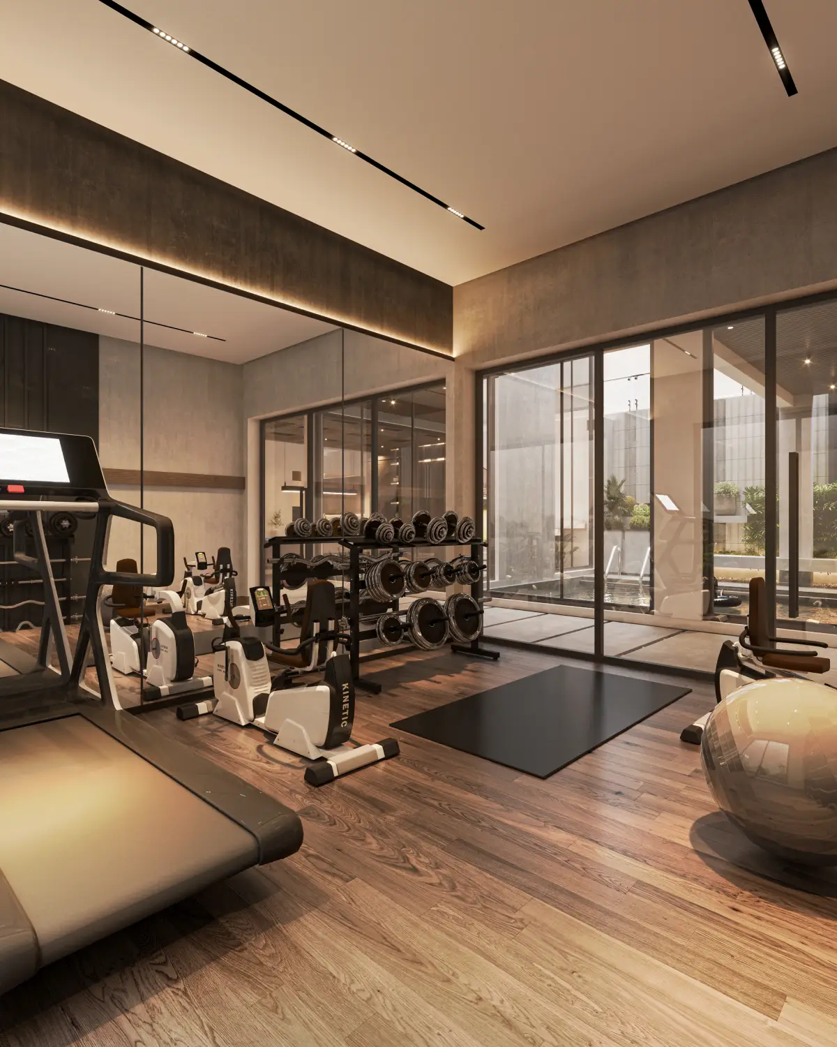The Slat House home gym render. Treadmill, exercise bikes, dumbbell rack, mirrored wall, sliding glass to the indoor pool court, DHA Phase 5, Lahore.