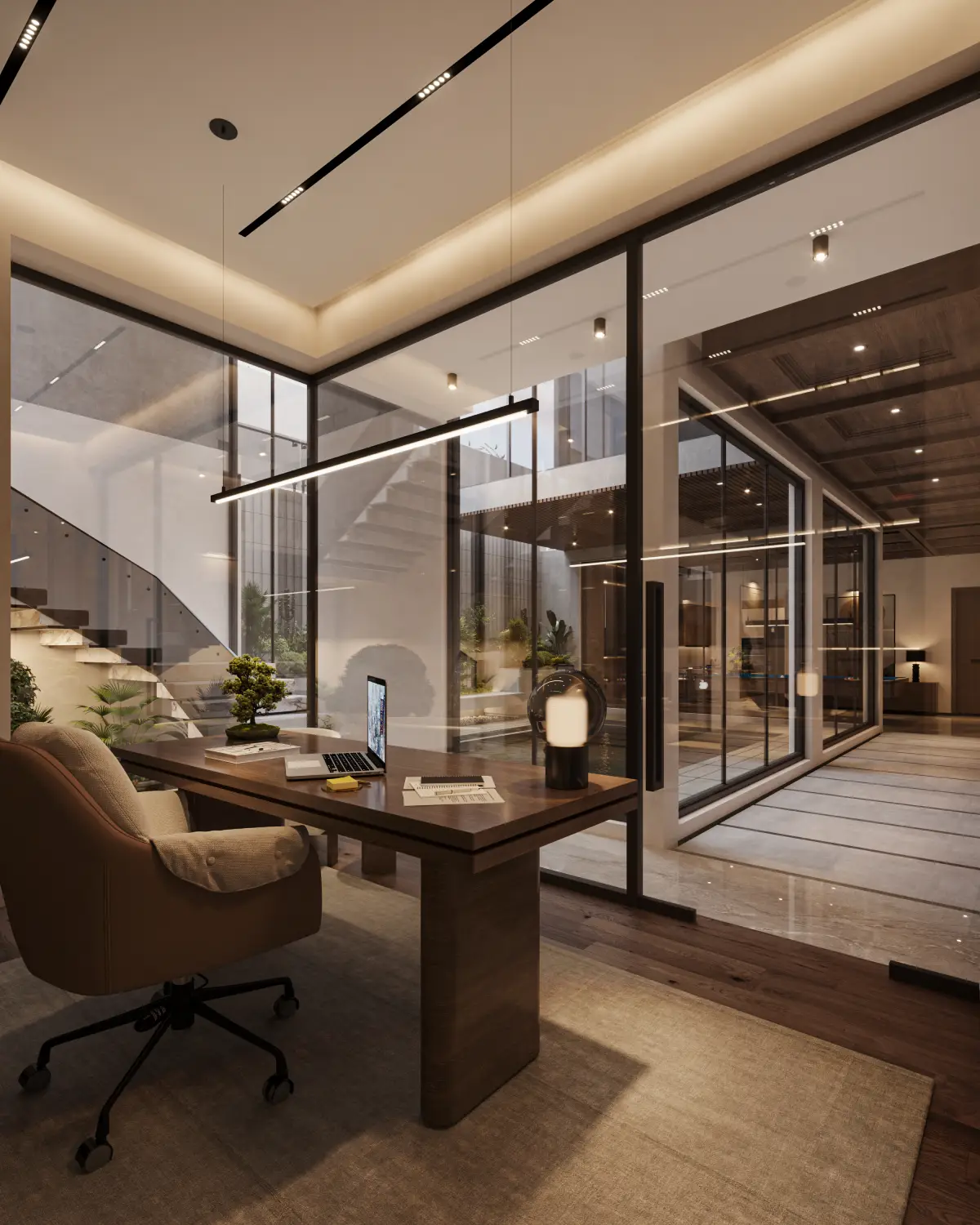 The Slat House home office with courtyard view render. Walnut desk overlooking the central courtyard atrium and floating staircase through full-height glass, DHA Phase 5, Lahore.