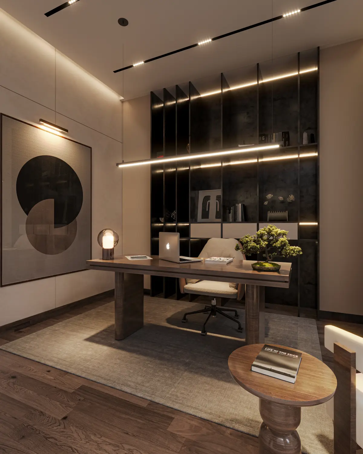 The Slat House home office render. Walnut desk with task chair against a vertical fluted dark backwall with linear lighting, abstract framed art, DHA Phase 5, Lahore.