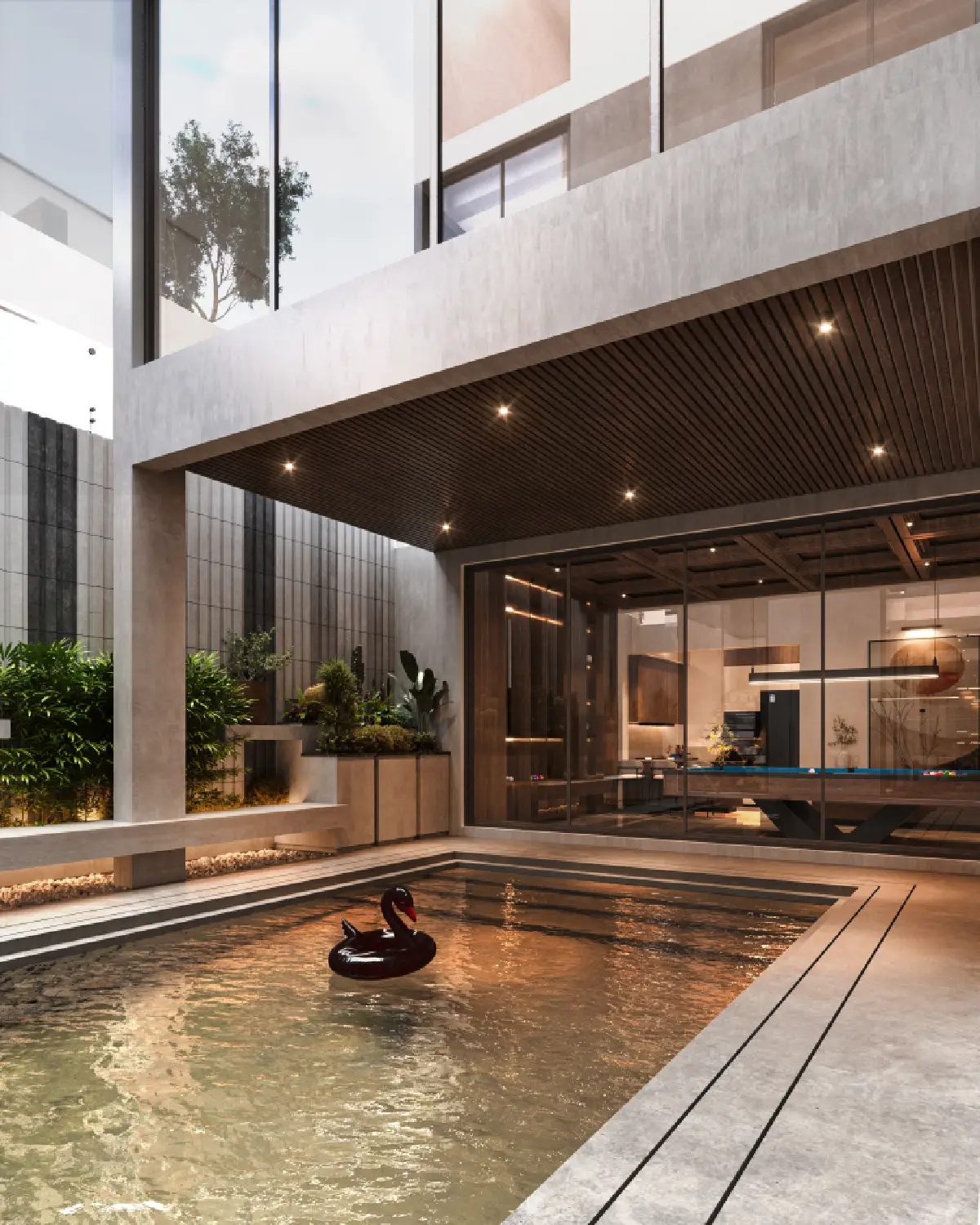 The Slat House indoor pool atrium render. Double-height void connecting the ground and first floors with full-height glass walls and a black swan inflatable on the pool, DHA Phase 5, Lahore.