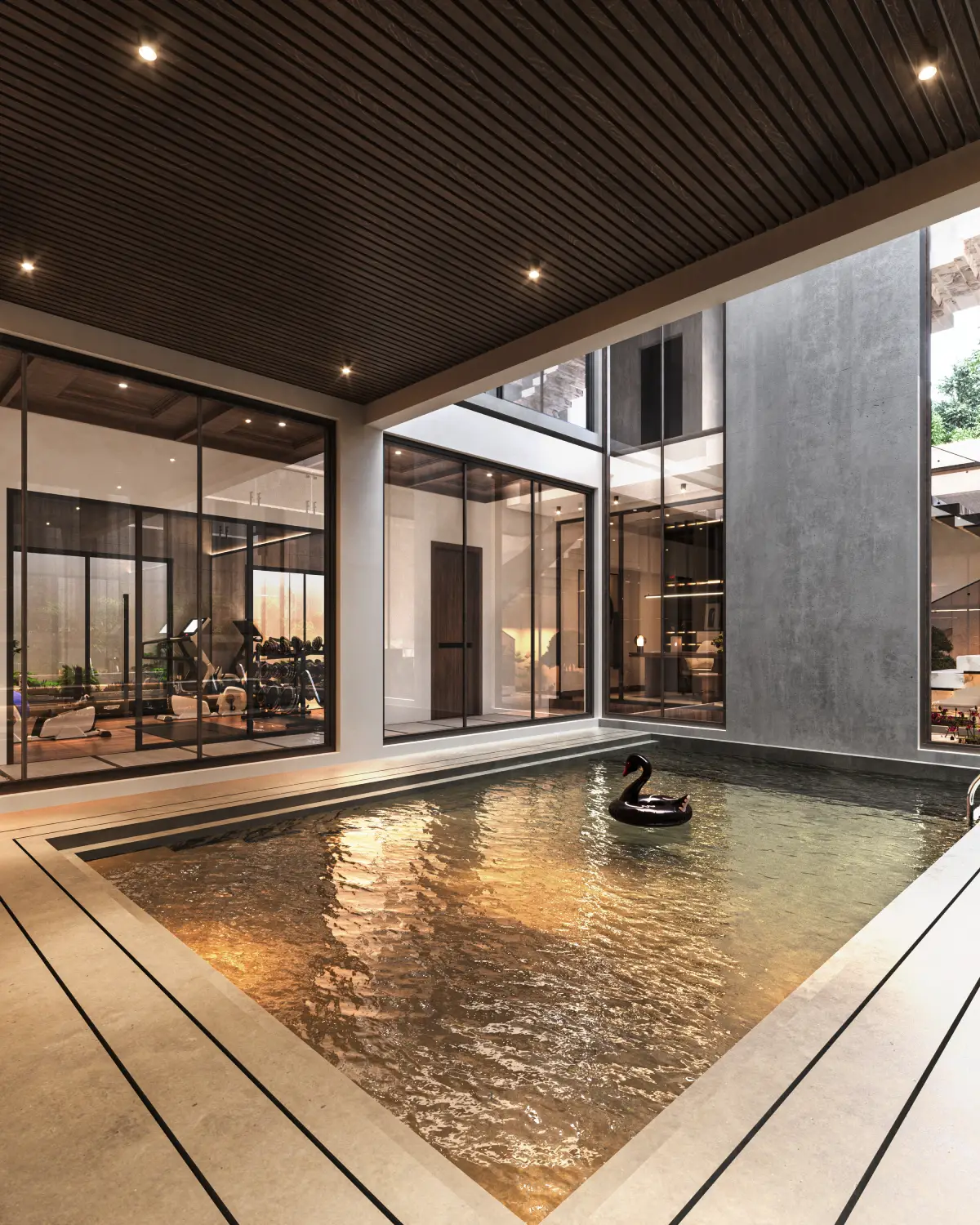 The Slat House indoor pool courtyard render. Pool with black swan inflatable, full-height glass connecting to the gym and adjacent rooms across the atrium, DHA Phase 5, Lahore.