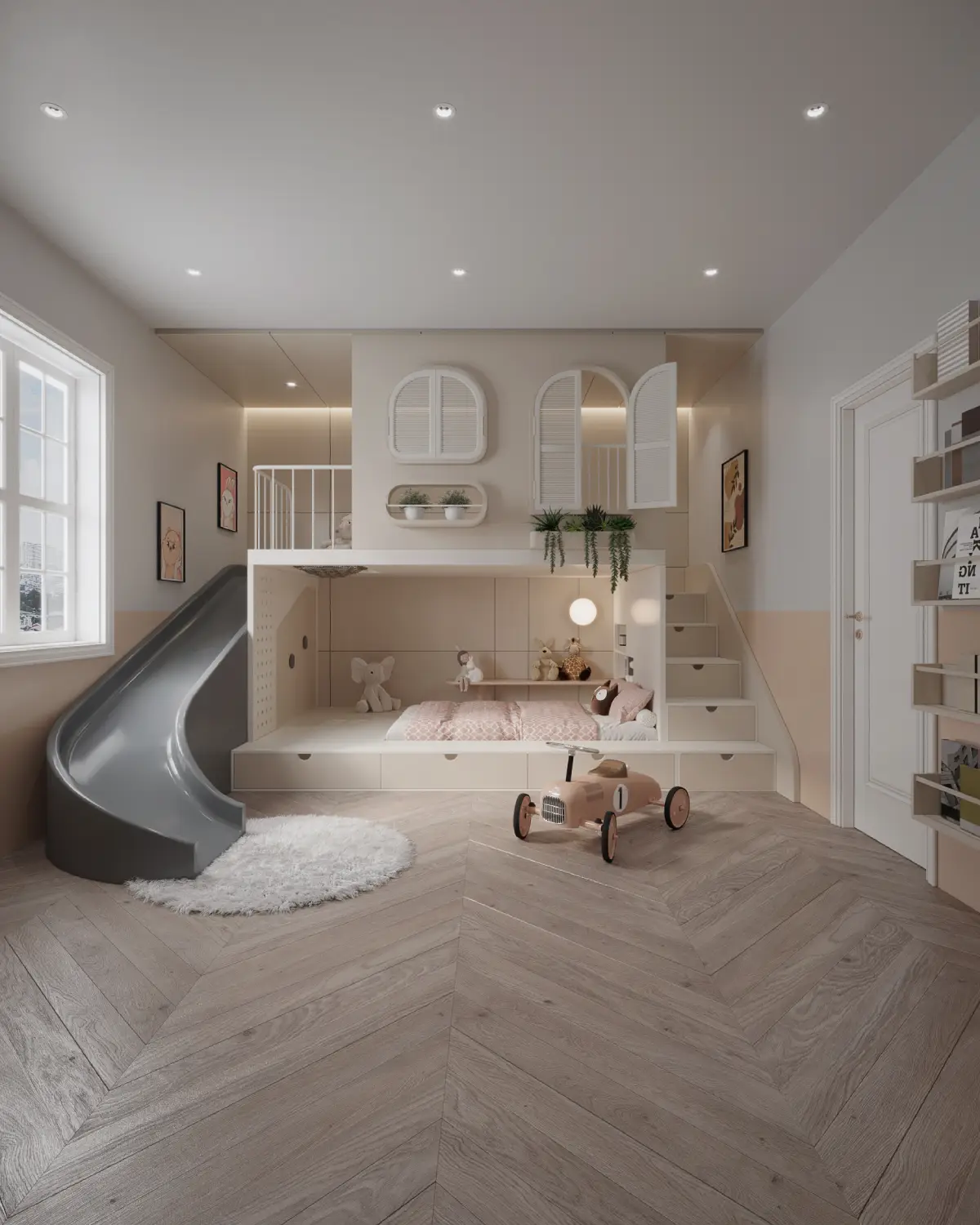 The Slat House children's bedroom render. Mezzanine playhouse over a platform bed, integrated grey slide, herringbone parquet floor, soft peach palette, DHA Phase 5, Lahore.