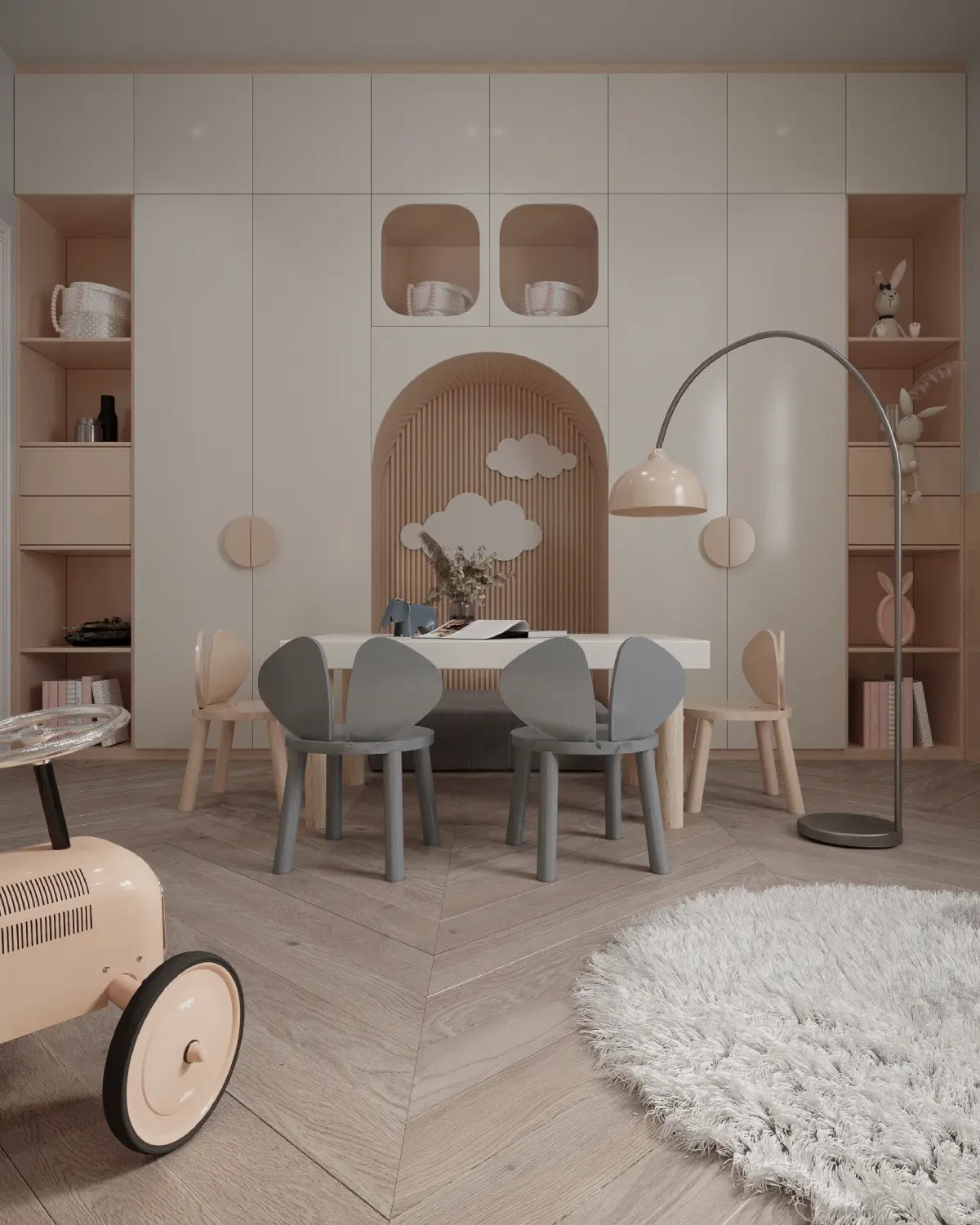 The Slat House children's play and study room render. Cream and peach cabinetry with arched alcove and cloud detailing, mouse-eared dining chairs, ride-on toy, DHA Phase 5, Lahore.