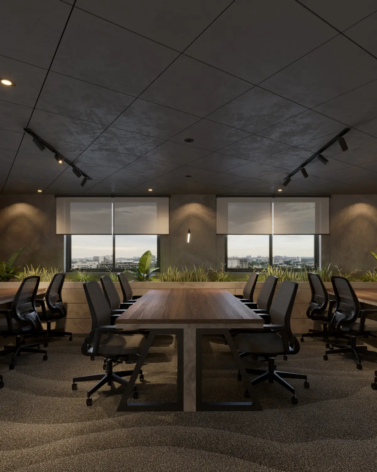 TopSpot Media conference room render. Long walnut conference table with mesh task chairs, planters along window sill, full-height windows to city skyline, corporate fitout, Lahore.