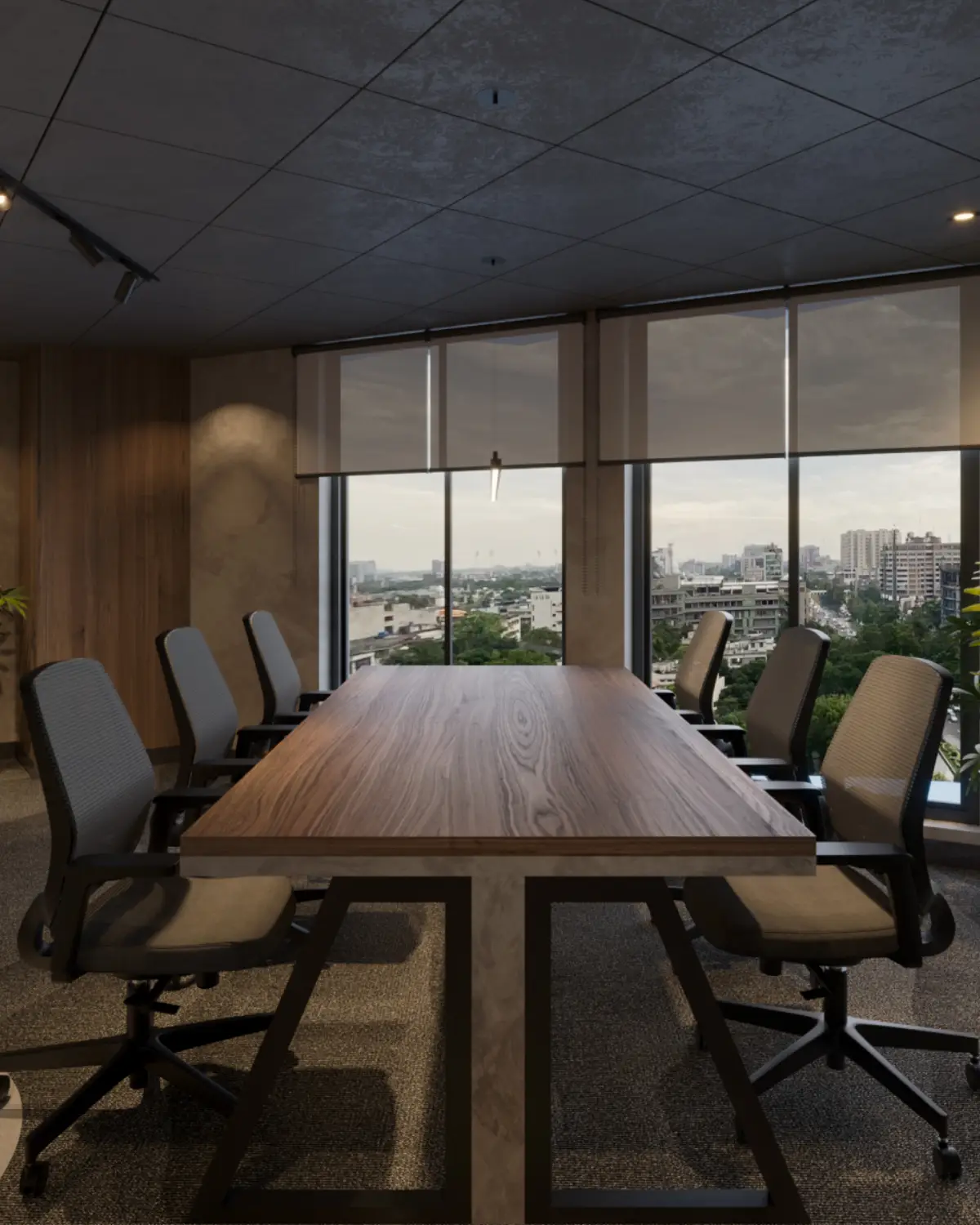 TopSpot Media meeting room render. Walnut conference table with executive chairs, full-height windows overlooking the city, dark plaster walls, corporate fitout, Lahore.